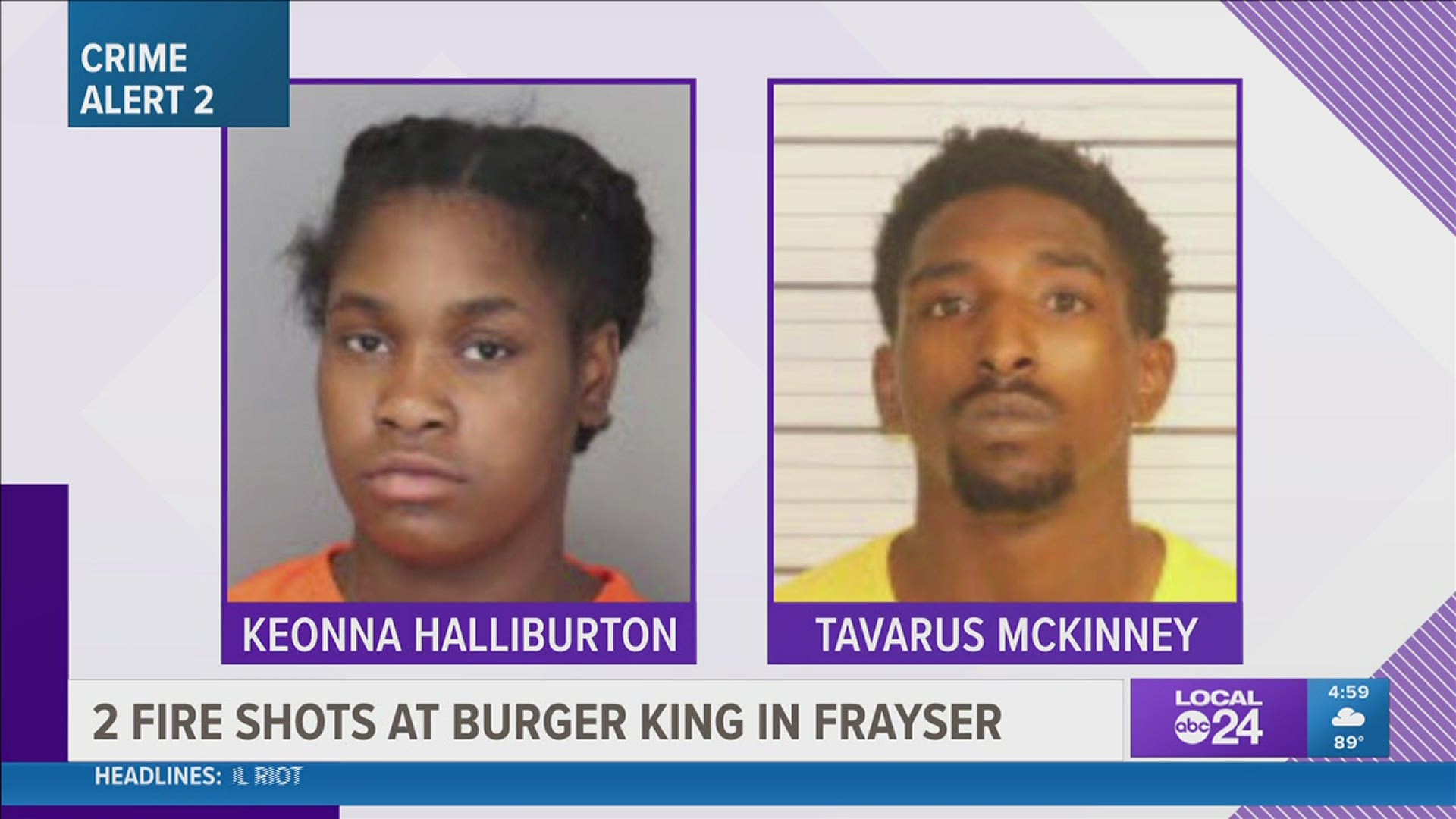 Memphis Police said the woman got into a fight with workers at a Burger King, then she and the man returned and fired shots into the parking lot, injuring 2 people.