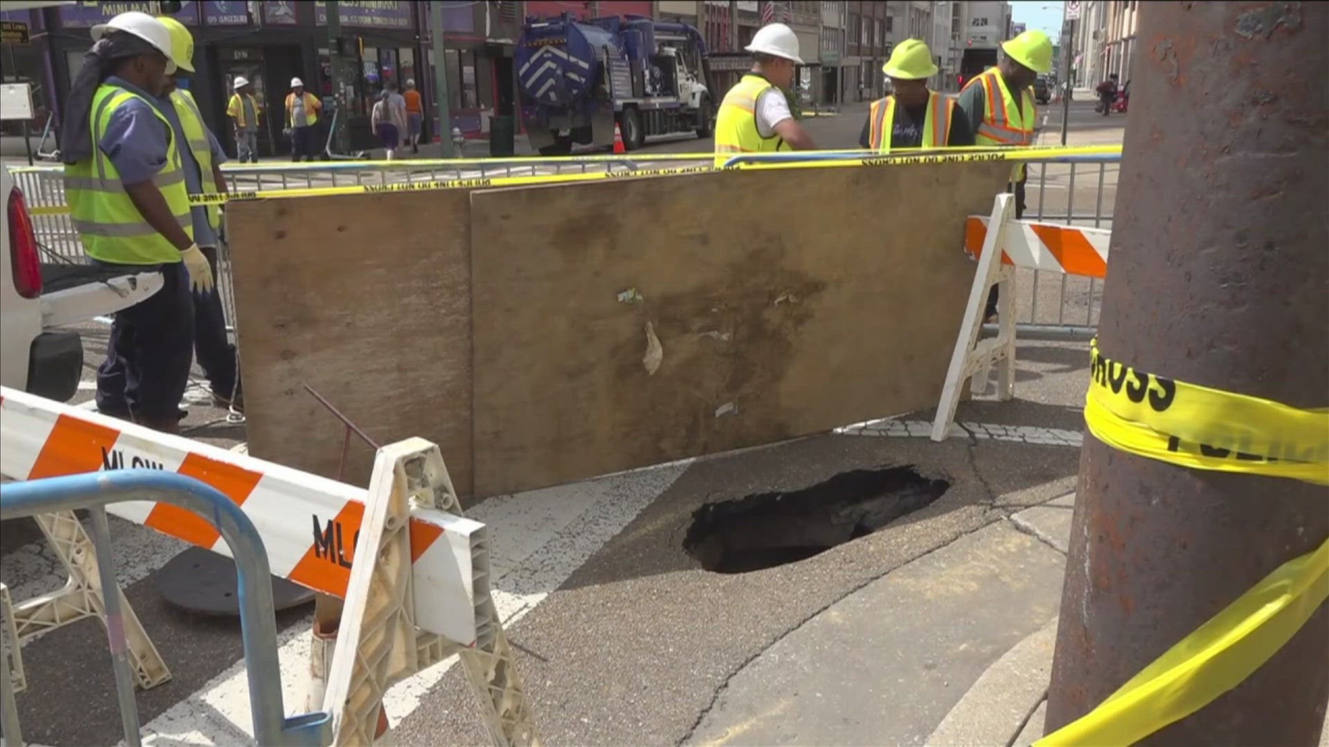 On Monday, MPD said the entire intersection at Second and Madison will be closed for an "unspecified amount of time" due to a large sinkhole.