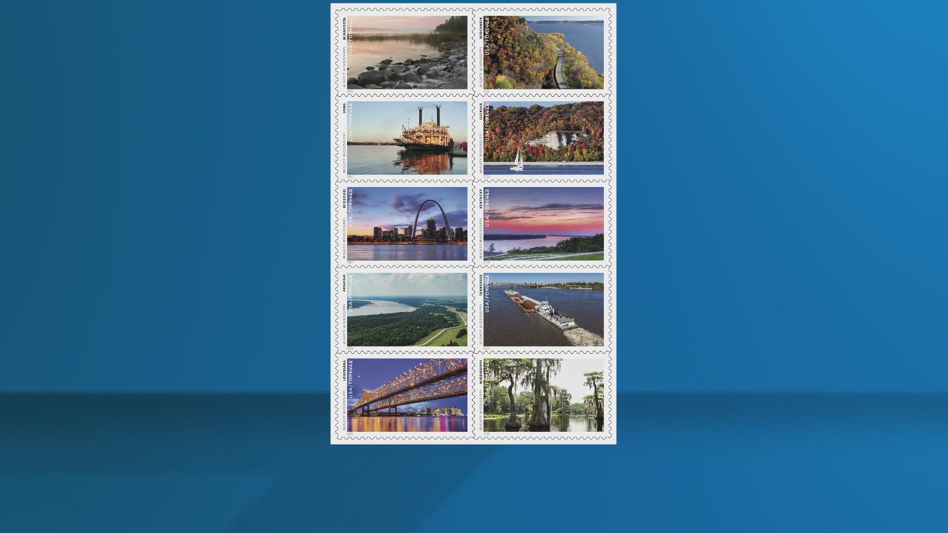 The 10 different stamps will follow the river's course from north to south. They'll be released Monday, May 23.