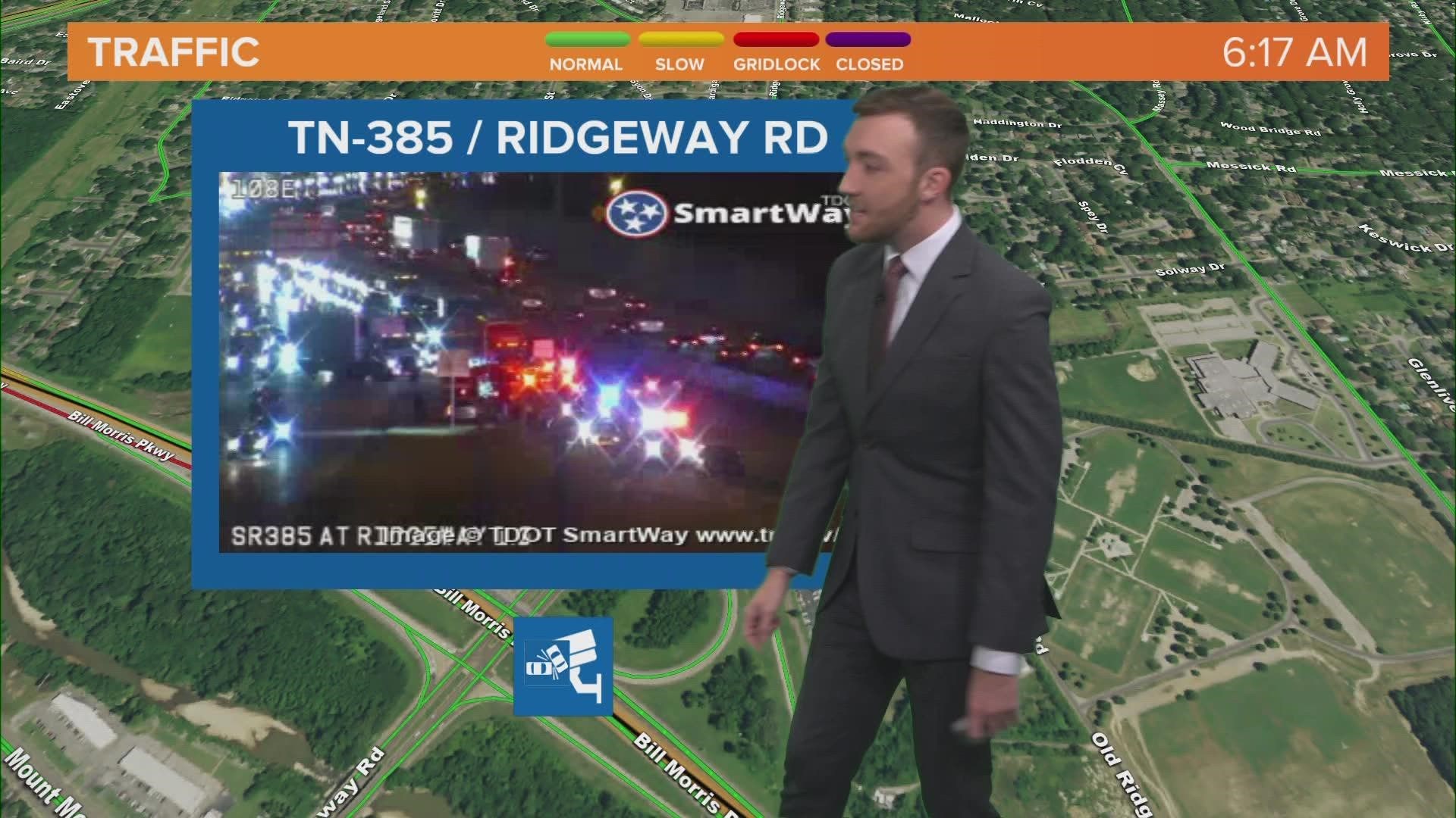 Eastbound lanes on Hwy 385 Bill Morris Pkwy at Ridgeway are now open, but the right shoulder lane is still blocked after a morning accident.