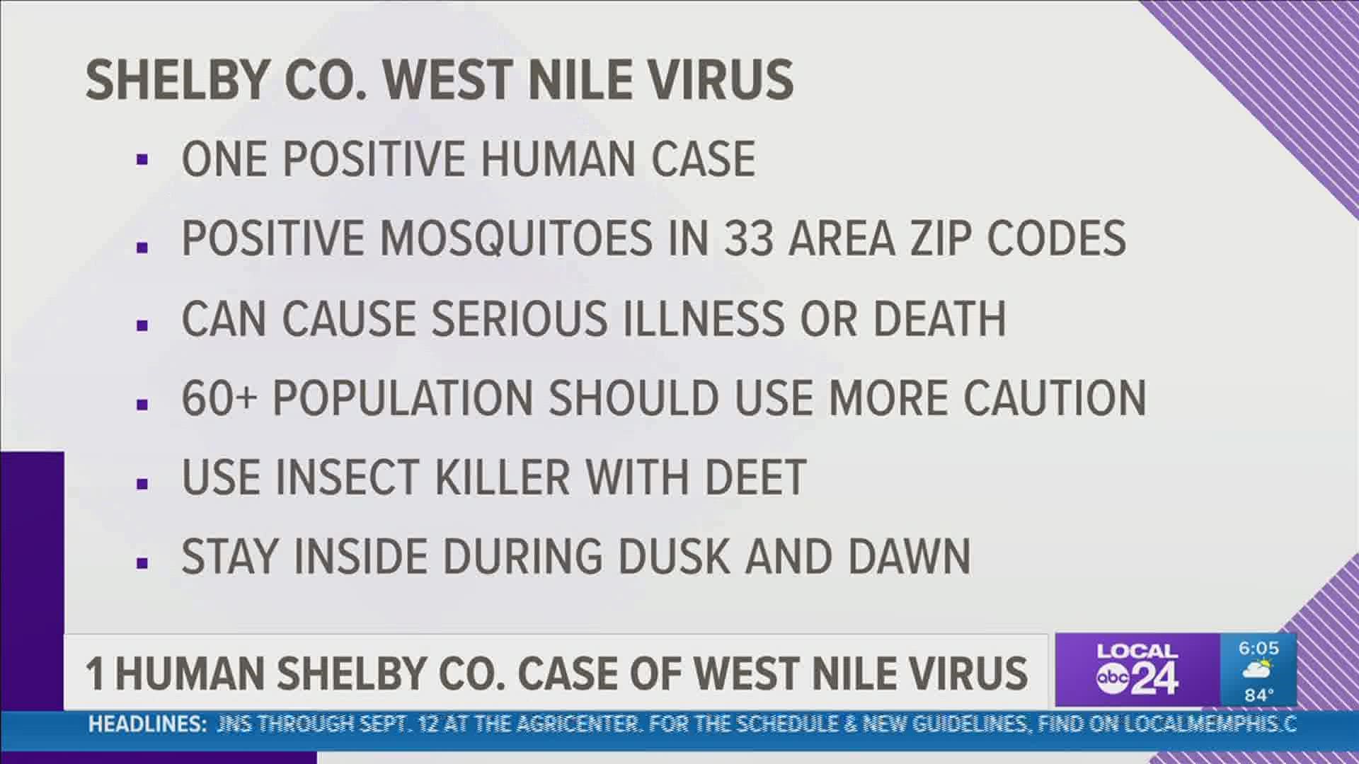 The Shelby County Health Department is reporting the first human case of West Nile Virus in the county for this year.