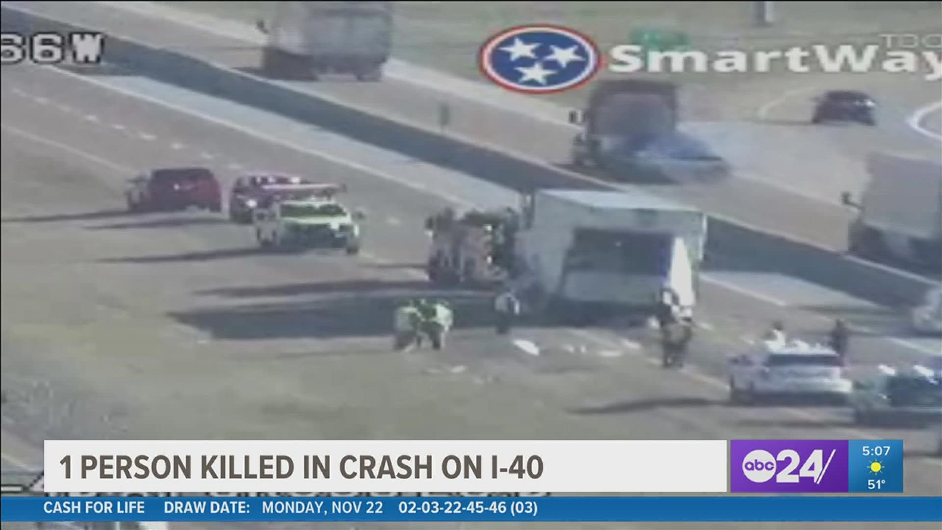 The Tennessee Highway Patrol said one person was killed Tuesday morning in a crash along I-40 in Fayette County.