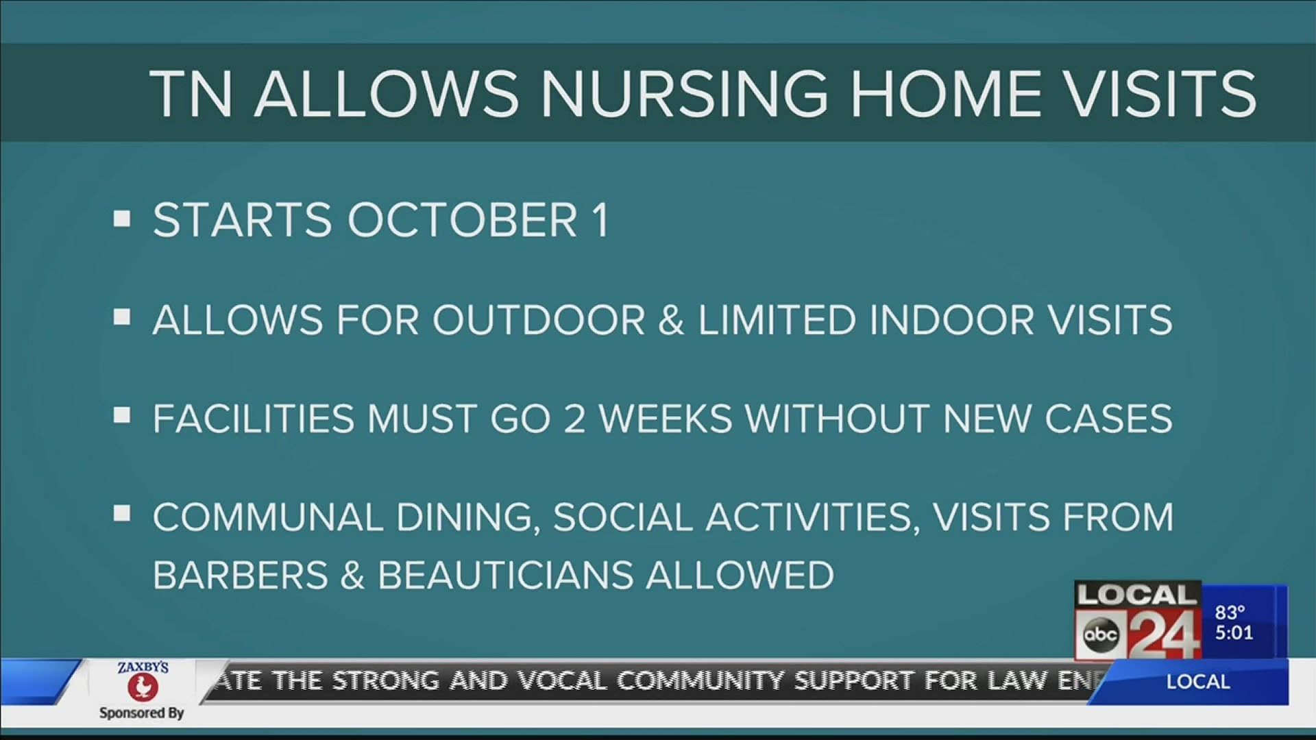 Beginning October 1, 2020 facilities that have gone at least 14 days with no new COVID-19 cases will be allowed to offer outdoor or limited indoor visitation.