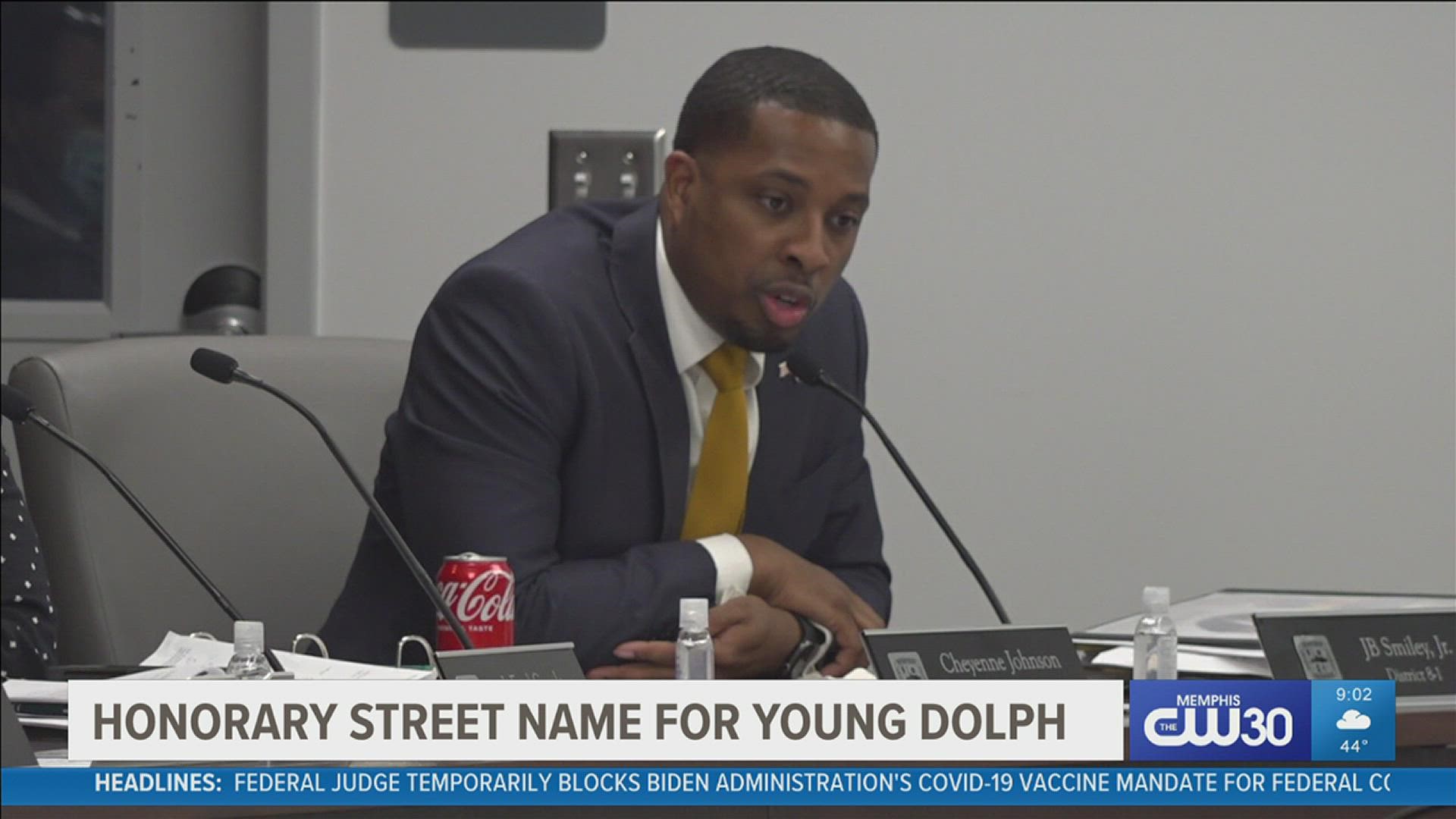 Councilman JB Smiley Jr. presented a street renaming in Young Dolph's honor to be located at Dunn Avenue and Airways Blvd in Castalia Heights.