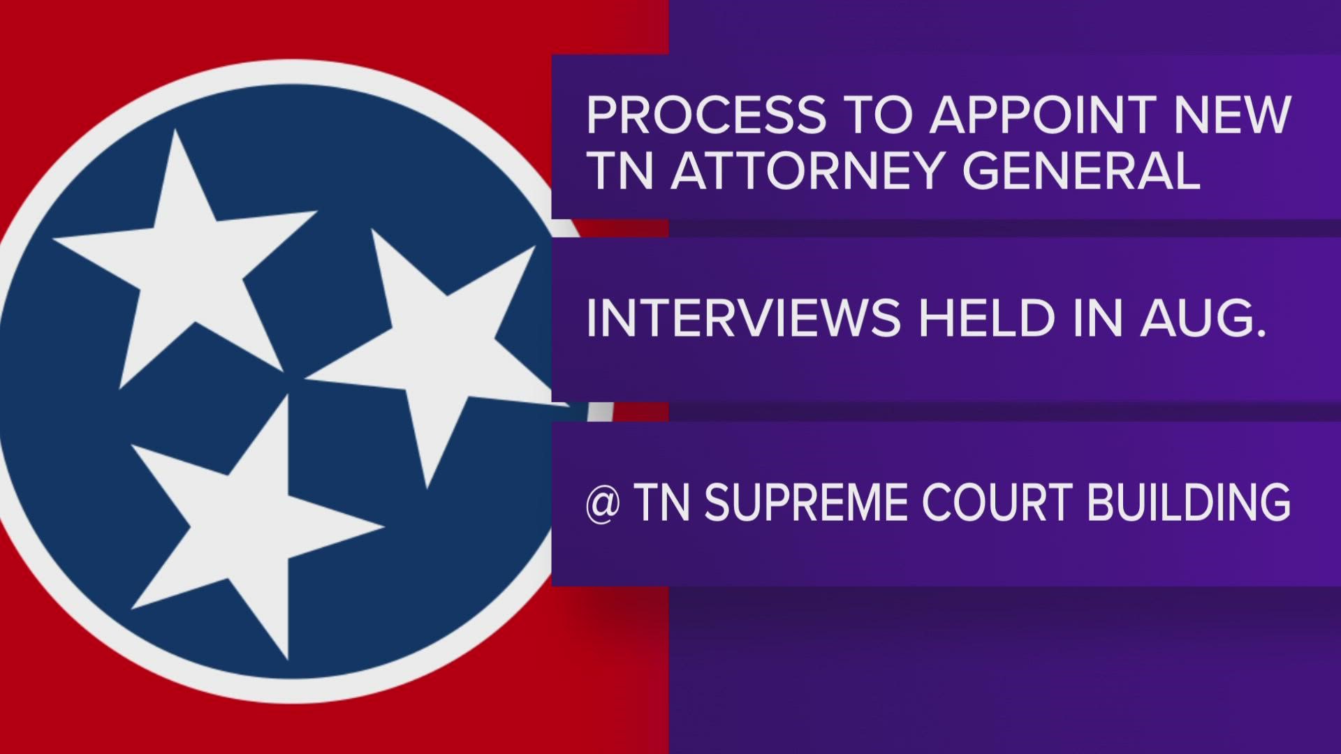 Tennessee is the only state where an attorney general is appointed by the supreme court. Interviews for Herbert Slatery's replacement will begin in August.