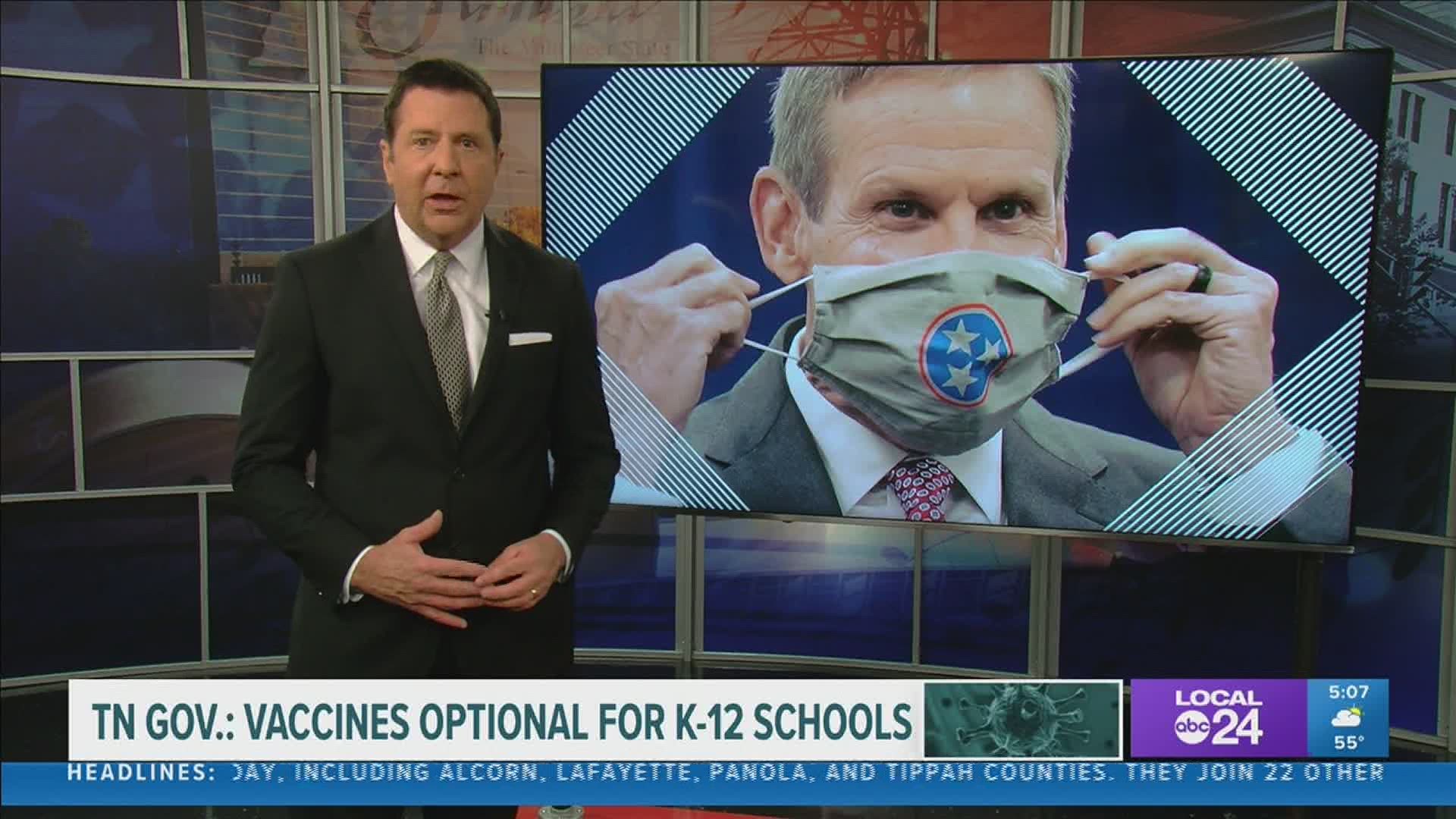 Gov. Bill Lee said he doesn't foresee COVID-19 mandates for school districts in Tennessee, saying vaccines are a choice.
