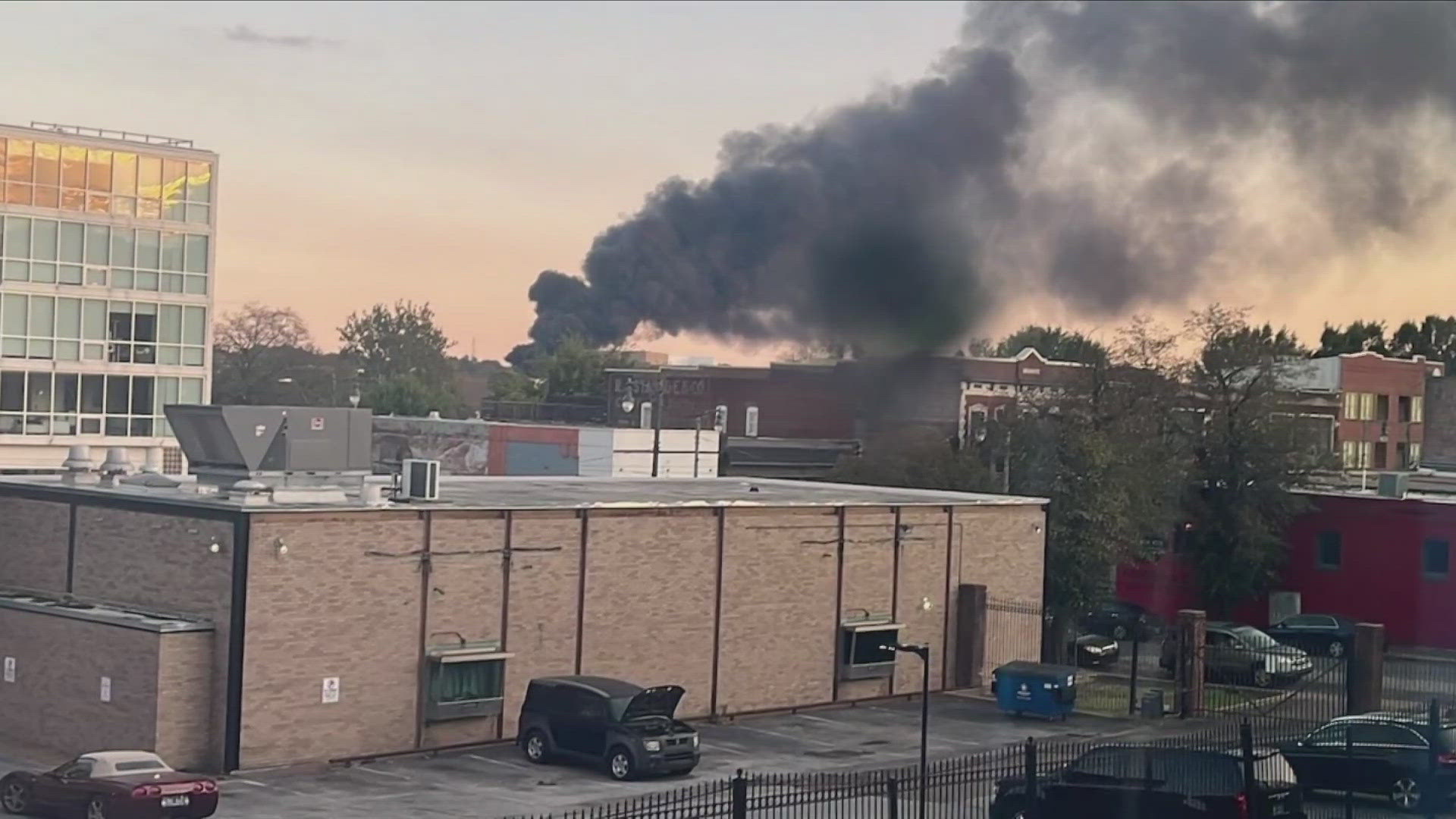 There was a large fire and plume of smoke emerging from a tire shop in Downtown Memphis.