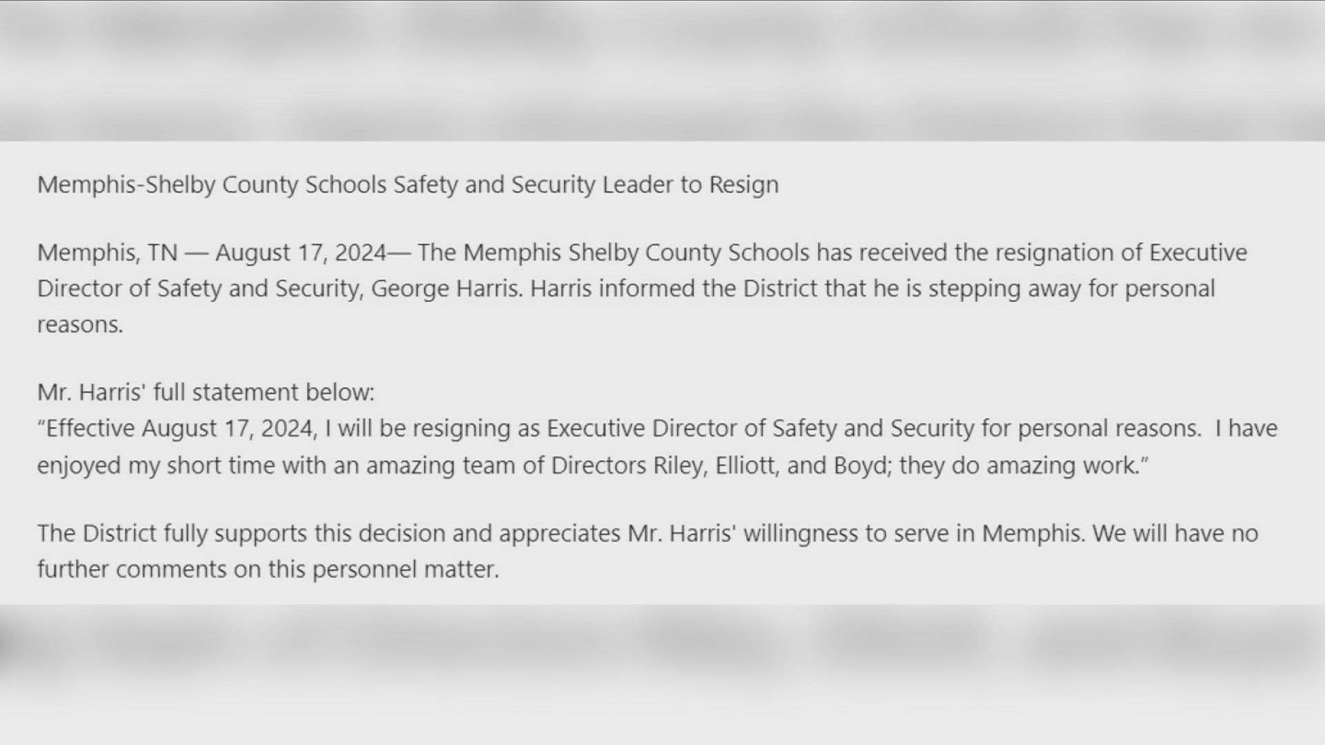 Memphis Shelby County Schools (MSCS) announced they received the resignation of Executive Director of Safety and Security on Saturday Aug. 17, 2024.