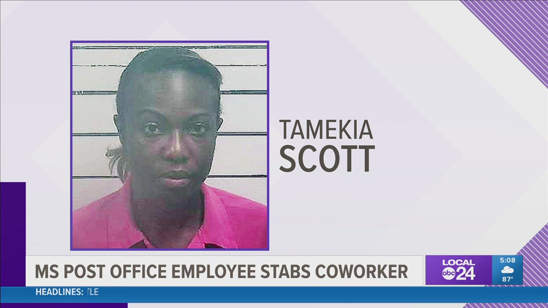 Tamekia Lashea Scott is charged with attacking and stabbing another postal worker after a fight Tuesday morning.