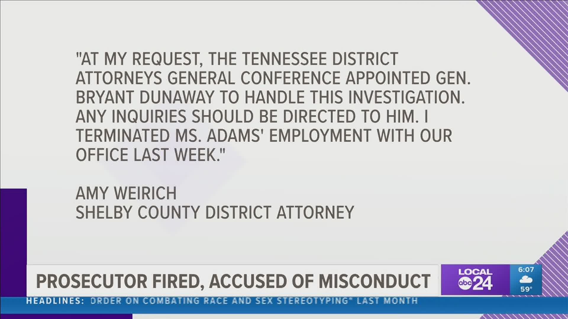 Glenda Adams was fired last week, according to a statement from the Shelby County District Attorney’s Office.