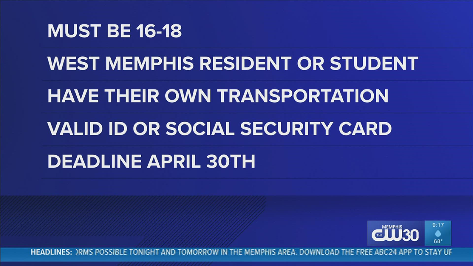 The deadline to apply is April 30, 2022, and applications can be picked up at the West Memphis City Hall.