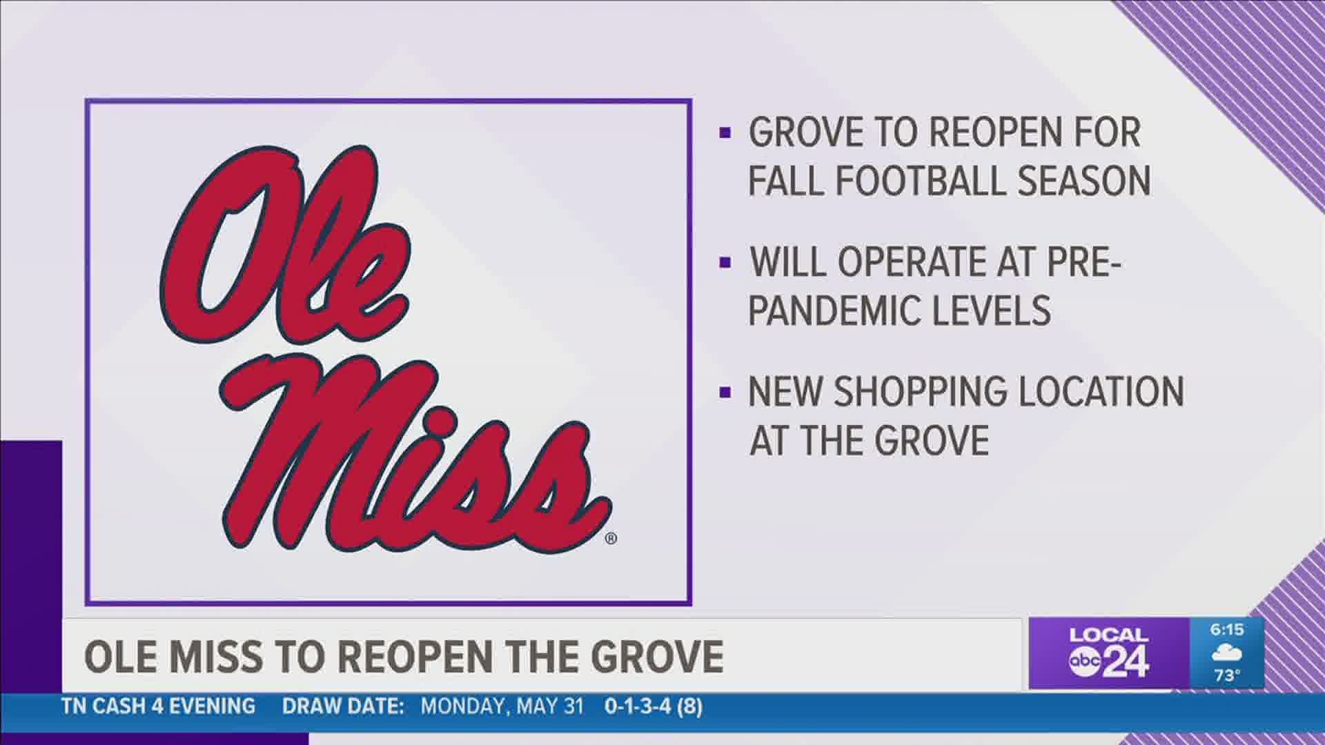 The Grove is expected to operate for Rebels tailgating as it did prior to the pandemic. Specific details will be announced closer to the season.
