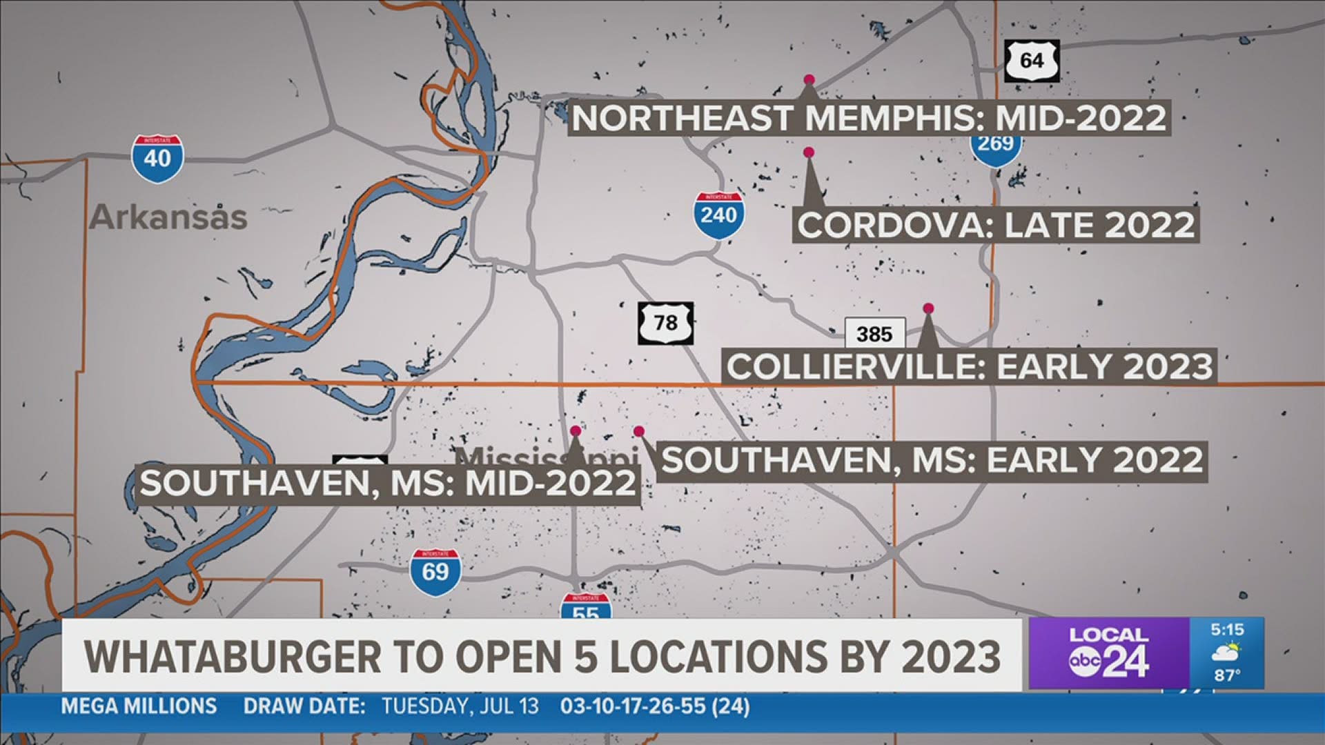 Whataburger announced it is planning to open a total of 5 locations across the Mid-South by early 2023.