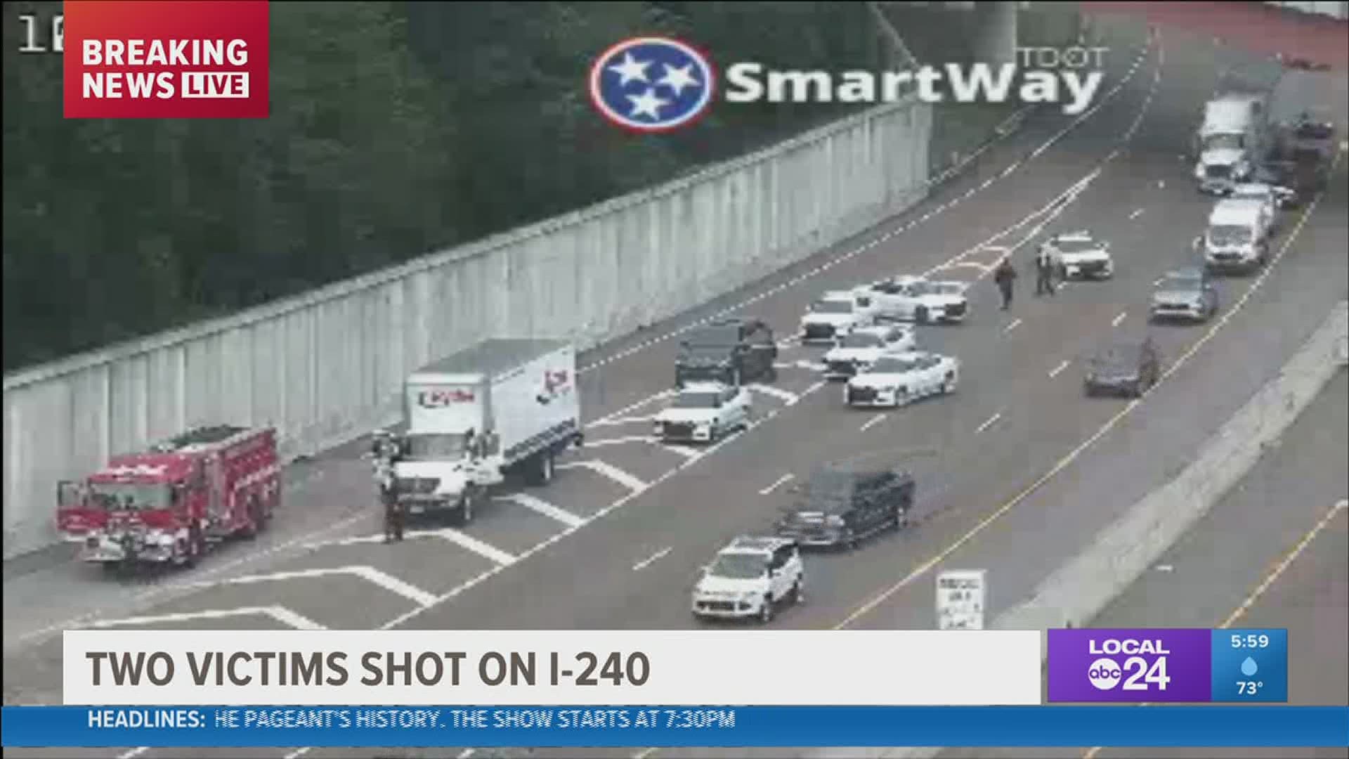 A man and a woman were reportedly shot while driving on I-240 Thursday afternoon. Memphis Police are now searching for the suspects.