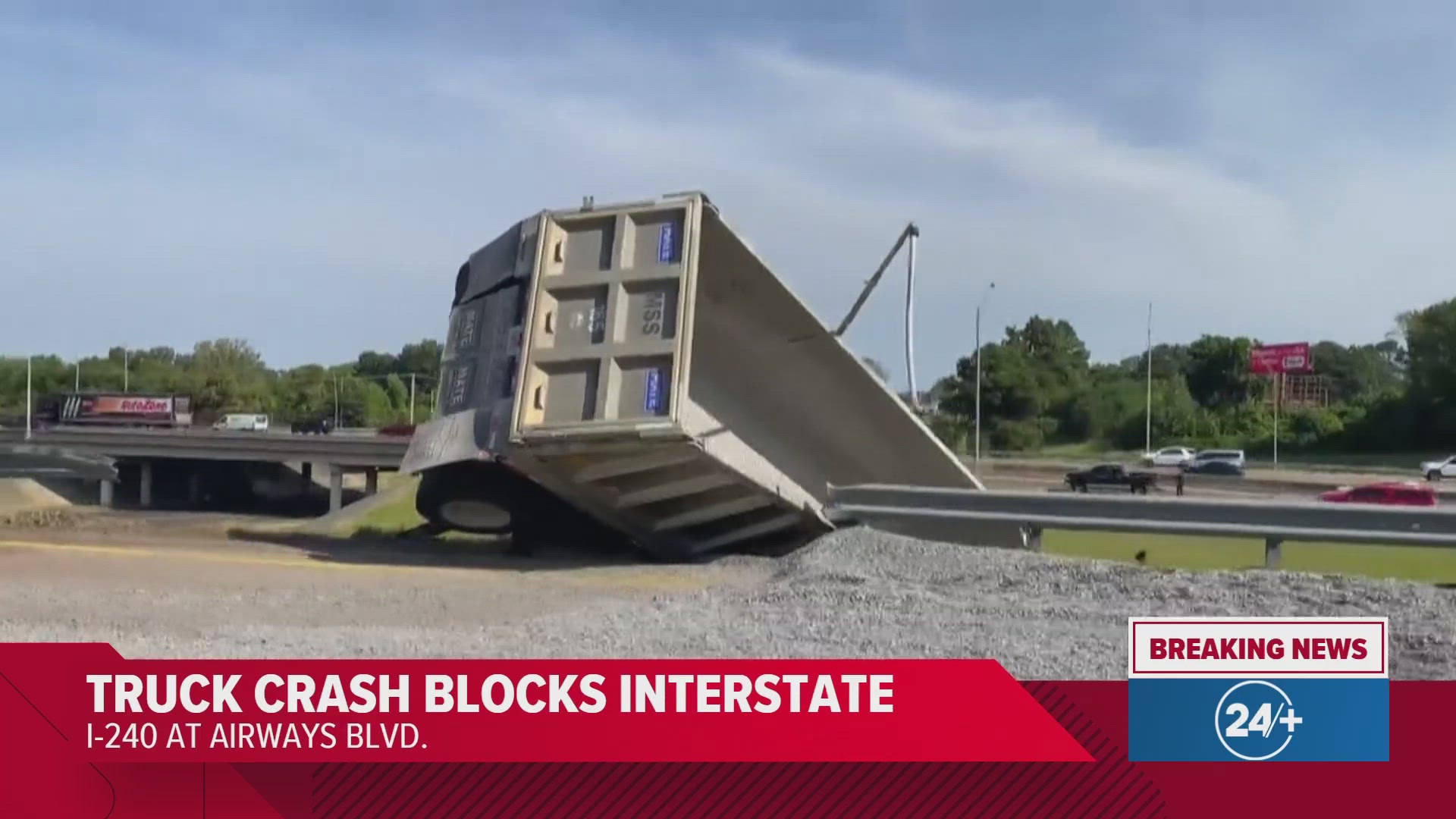 All Eastbound lanes, in addition to the left shoulder, are blocked near the 23B exit, South/Airways Blvd.