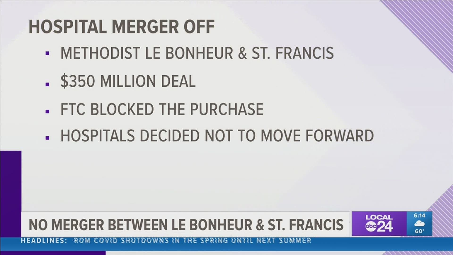 According to statements from both hospital systems, they said together they have decided they will no longer pursue the sale.