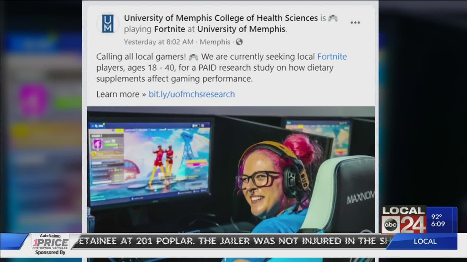 University of Memphis is looking for gamers for a research study.
