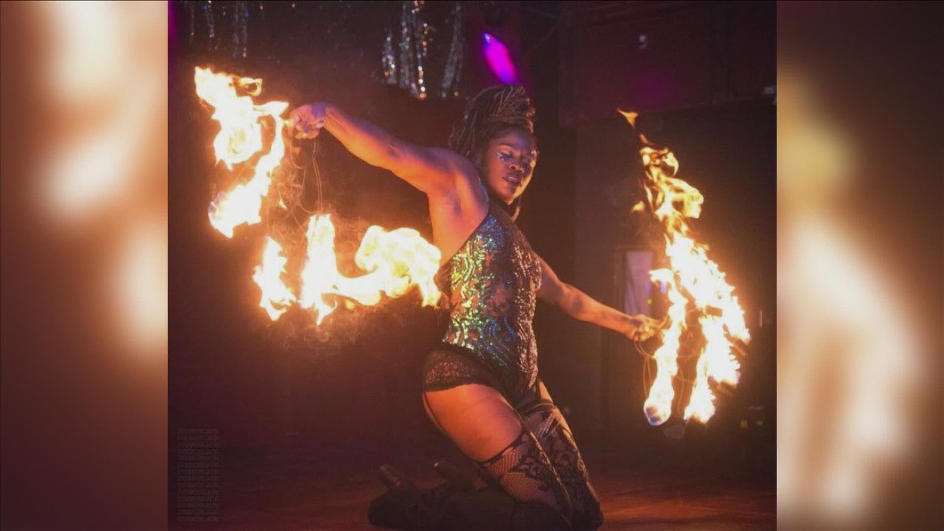 After being honorably discharged from the U.S. Airforce, Aieshia Dickey used blue flame fire performing to heal from PTSD.