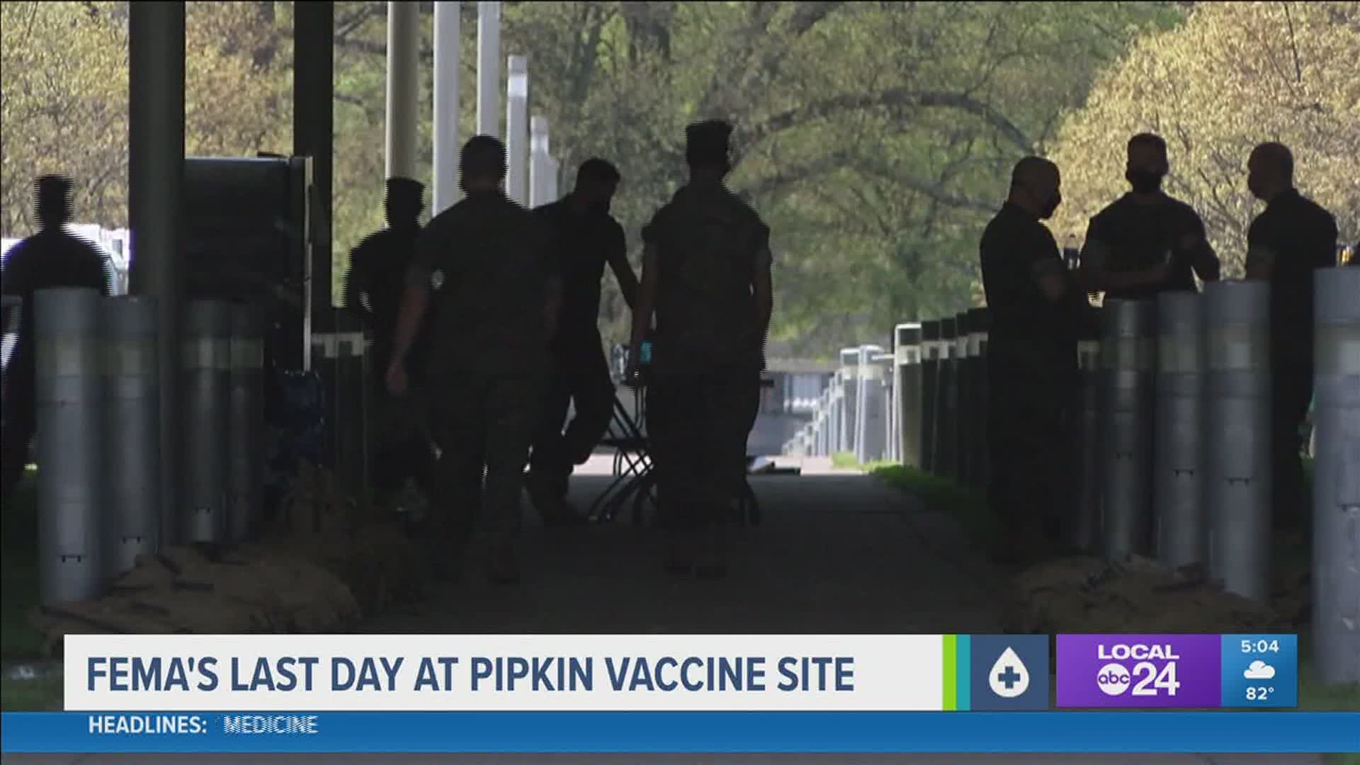 FEMA and military personnel will work one last day at the Pipkin vaccination site on Wednesday after six weeks of being there.