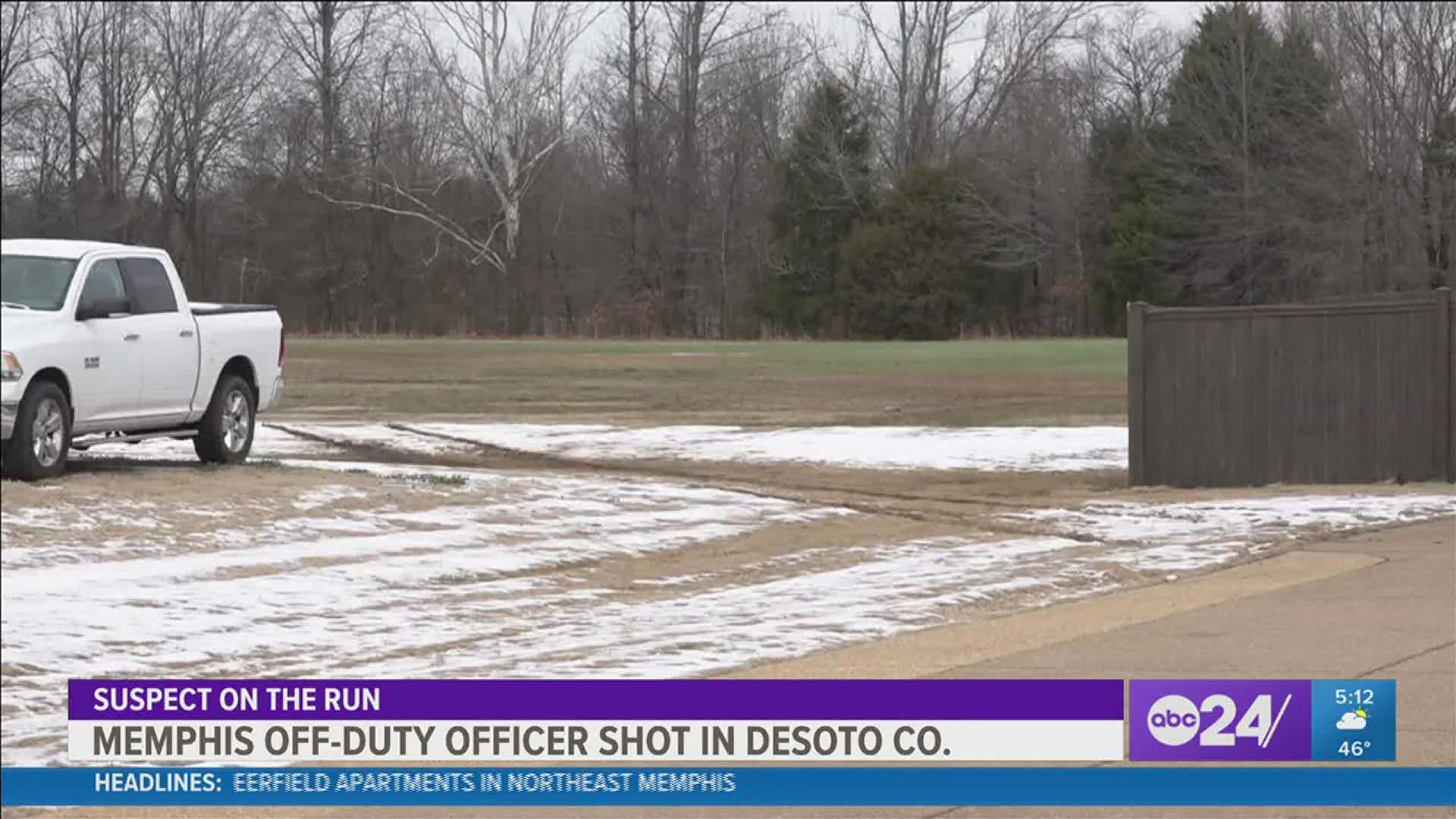 The Desoto County Sheriff's Department said the Memphis Police officer was off-duty when he was shot at his home in the Miller Farms area Monday morning.
