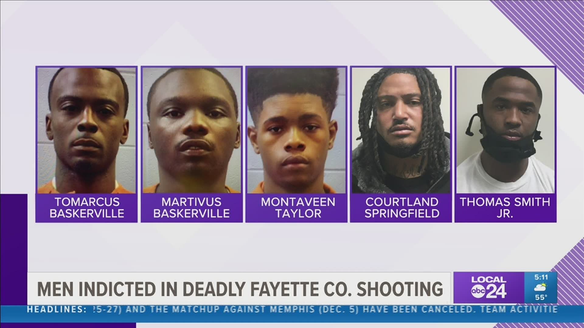 The five men are charged in connection to an August shooting in Fayette County that left one person dead and four others injured.