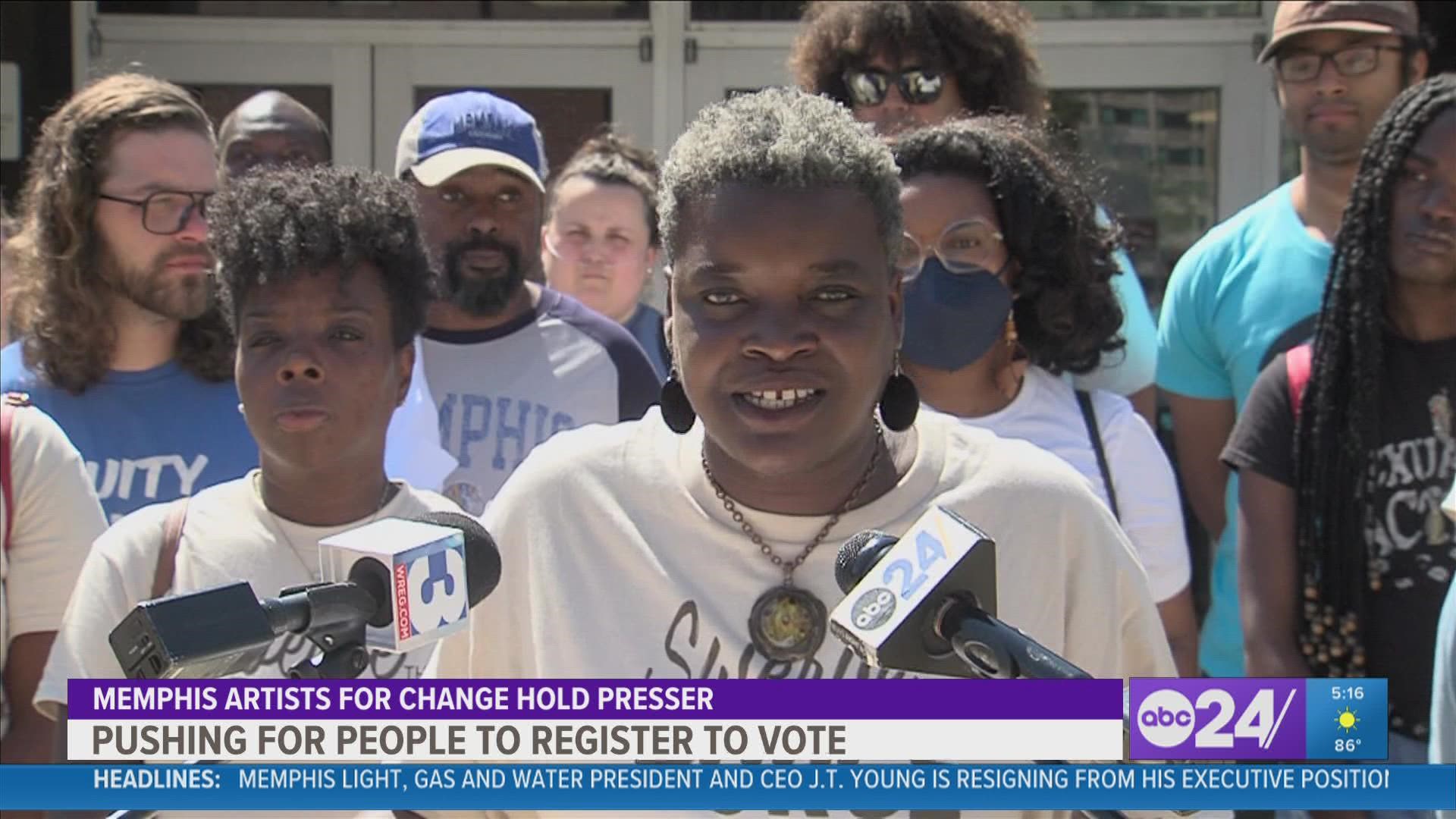 Memphis Artists for Change held a press conference at the Shelby County Election Commission's Office as part of a larger push to get more people registered to vote.