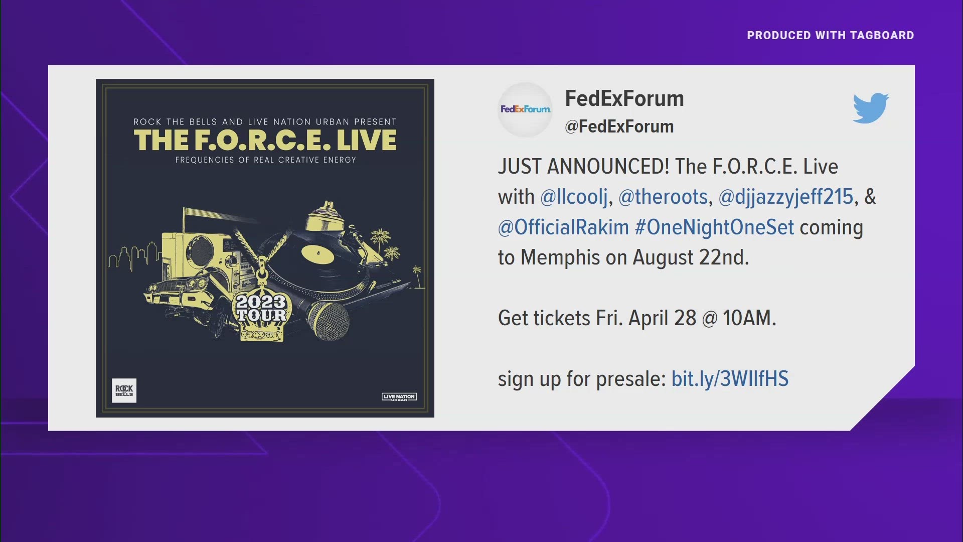 Hip-hop legend LL Cool J will hit the stage at FedExForum in August for The F.O.R.C.E. (Frequencies of Real Creative Energy) Live tour.