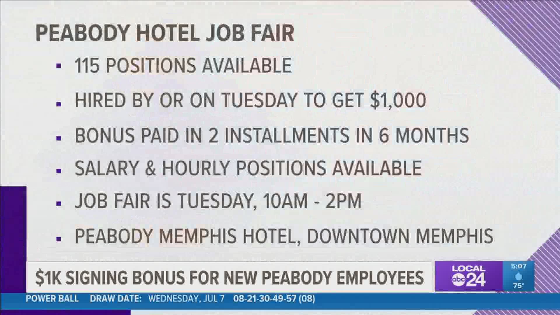 The Peabody Memphis will be holding a job fair on Tuesday, July 13, 10AM – 2PM, to fill more than 115 open positions.