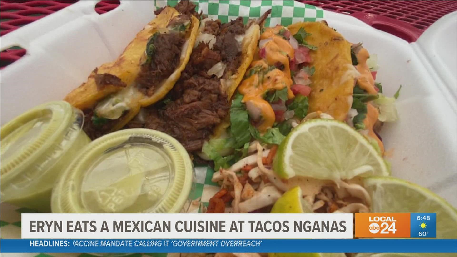 Anchor Eryn Rogers enjoys chicken, beef, and shrimp tacos with “consumé” at Taco Nganas on Summer Ave.