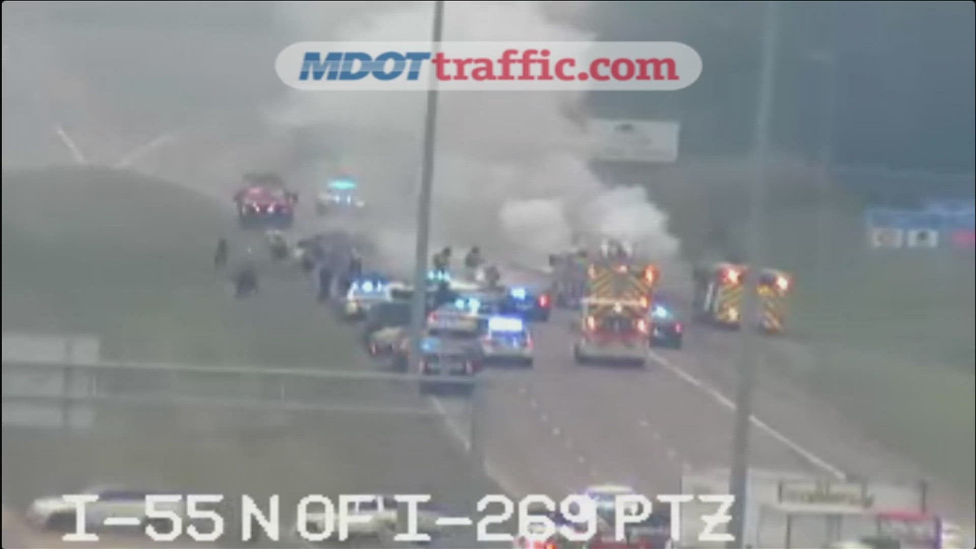 Mississippi Department of Transportation cameras showed a massive fire in the northbound lanes of I-55.