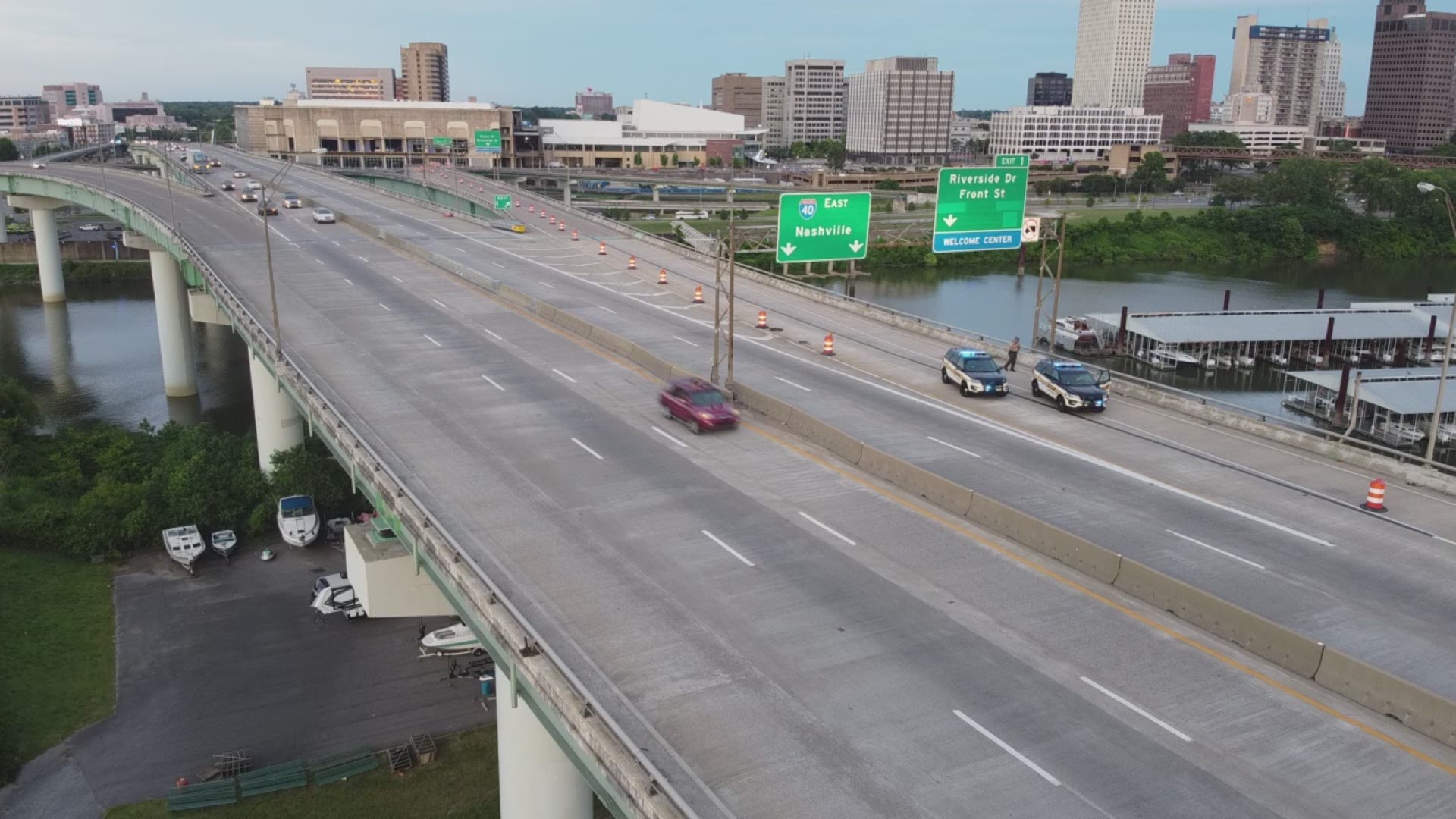 Vehicles driven slowly across Hernando de Soto bridge over Mississippi River just west of downtown Memphis June 1, 2020