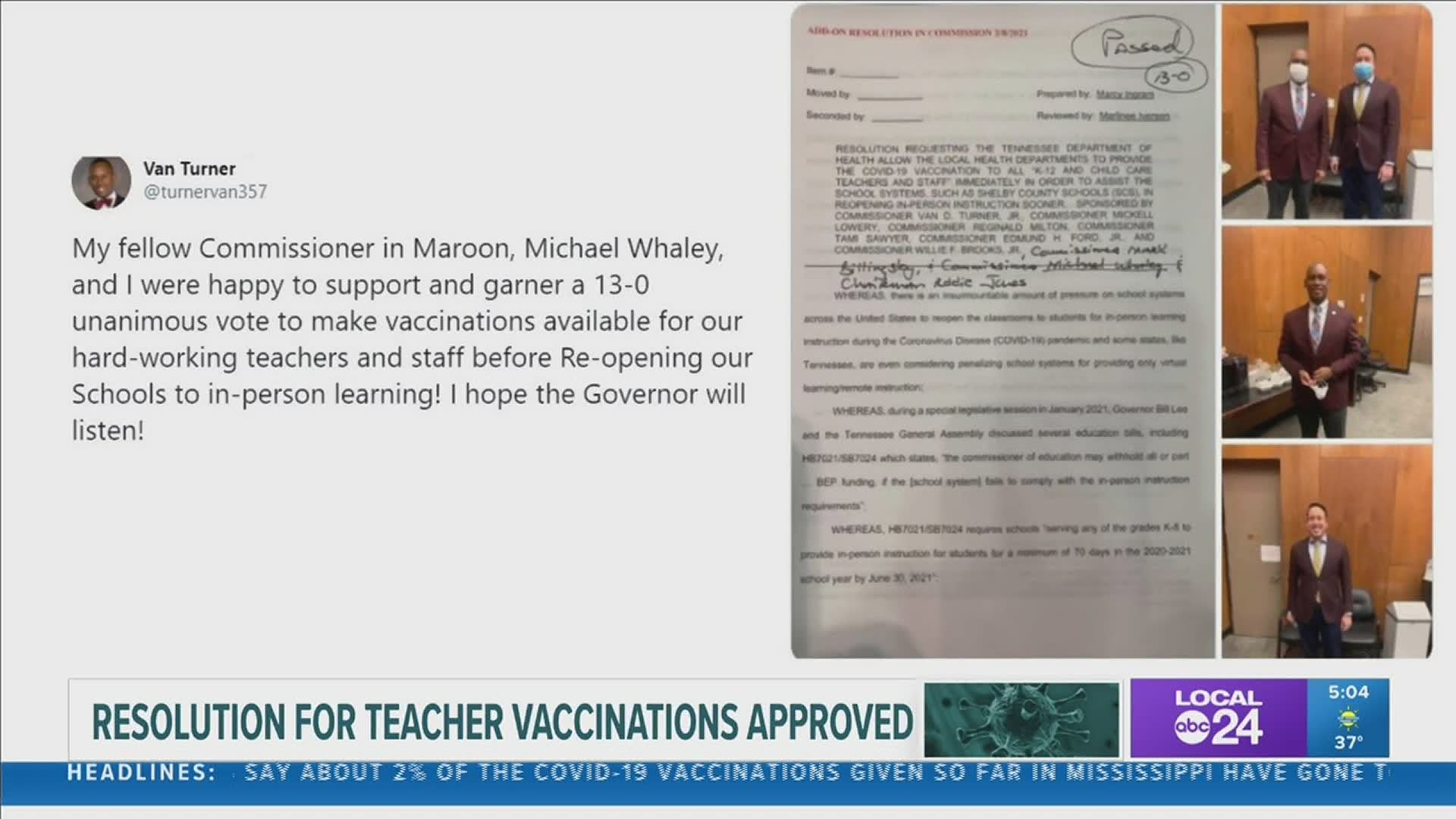 Commissioners voted for a resolution calling on the Tennessee Department of Health to approve immediate COVID-19 vaccinations for educators.