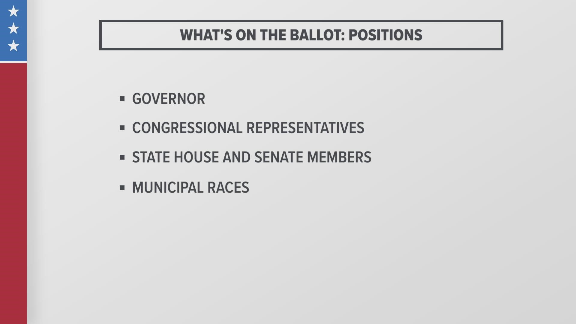 The governor's seat, congressional representatives, state house and senate seats as well as municipal races are on the ballot.