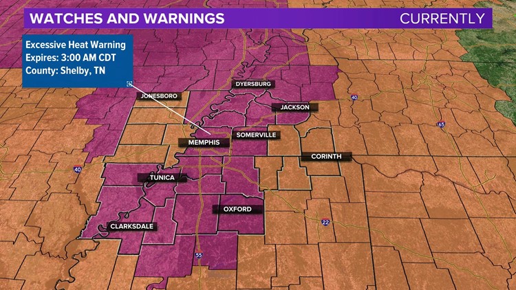 Memphis and Shelby county and all the counties in purple have been upgraded to the highest level possible for Heat Alerts.  An Excessive Heat Warning