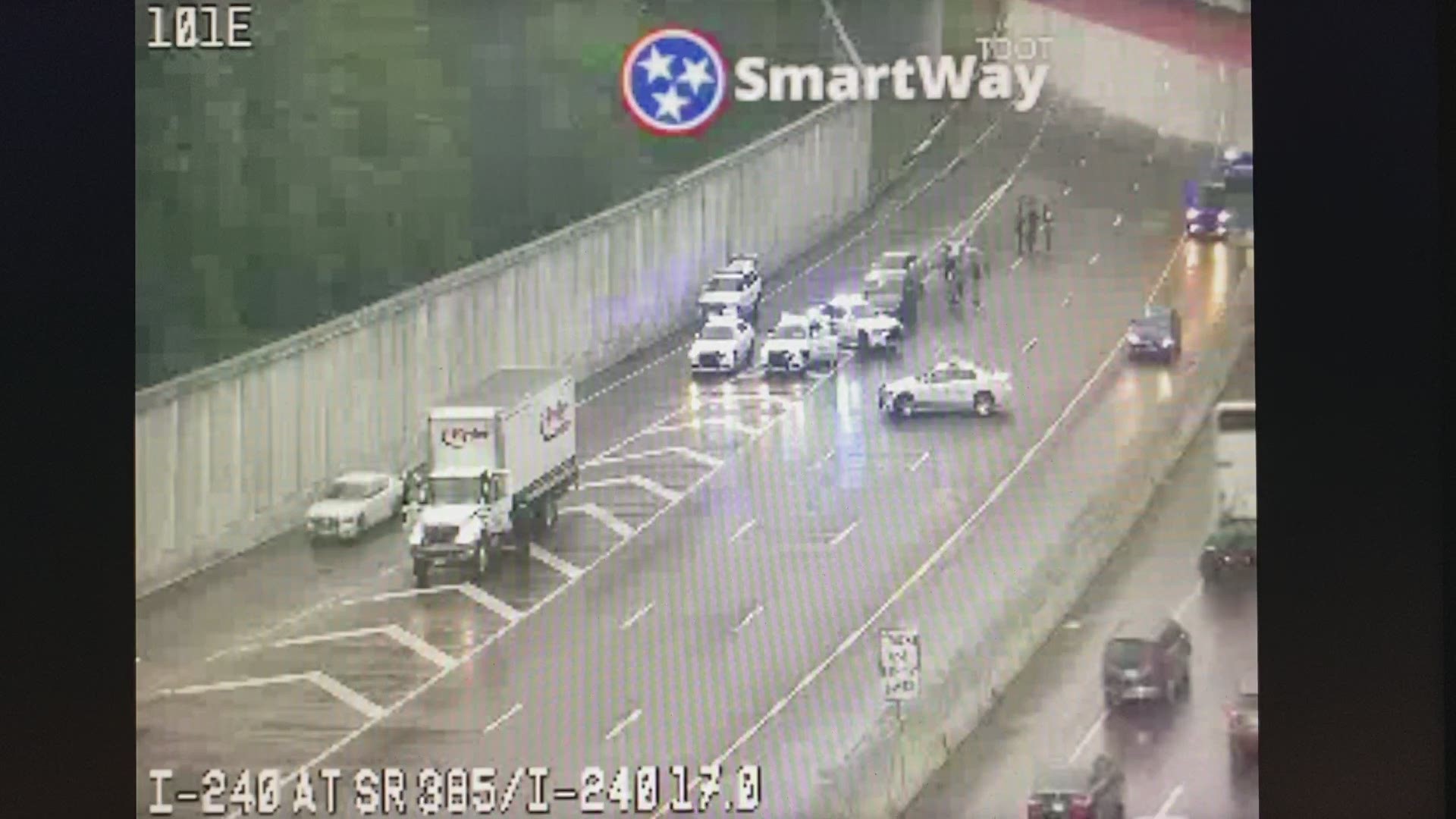 A man and a woman were reportedly shot while driving on I-240 Thursday afternoon. Memphis Police are now searching for the suspects.