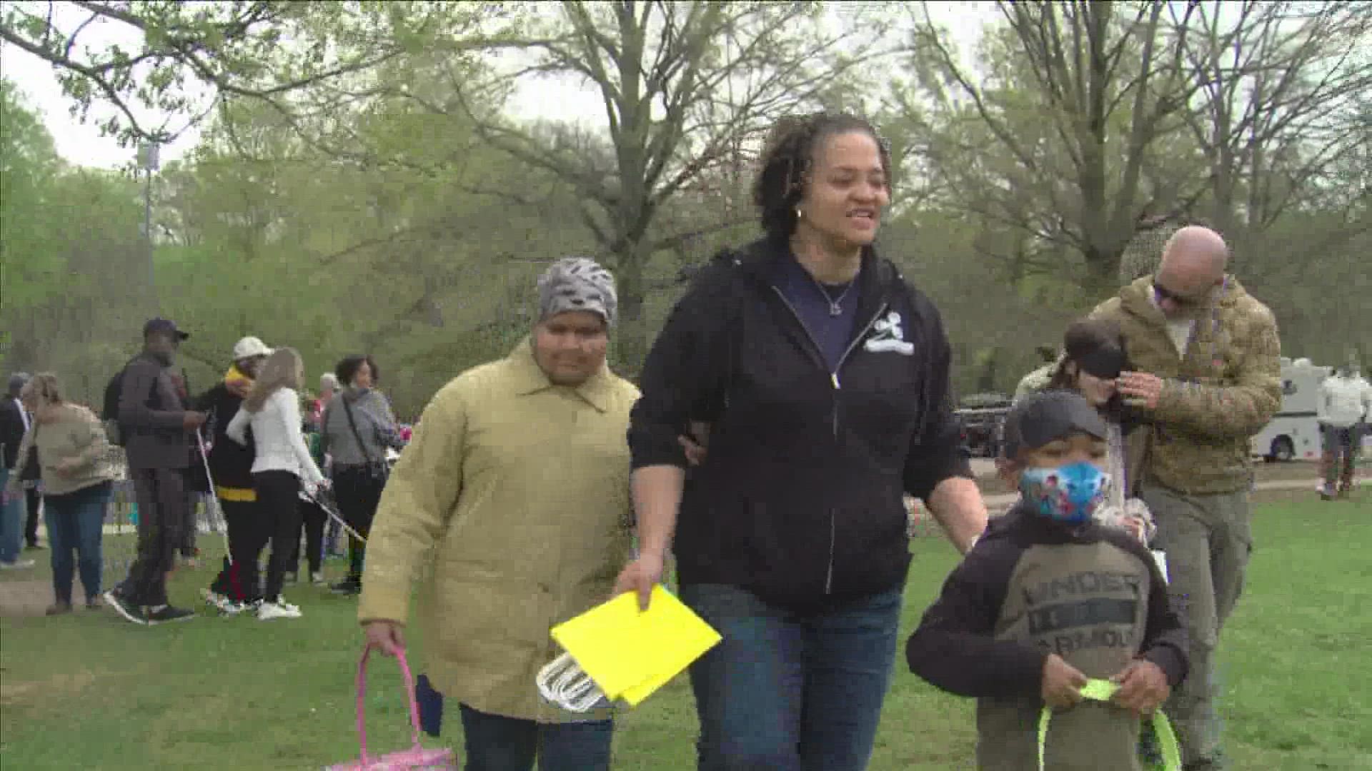 The Memphis Beeping Egg Hunt Explosion was put on by the county bomb squad and Clovernook Center for the Blind and Visually Impaired at Overton Park.