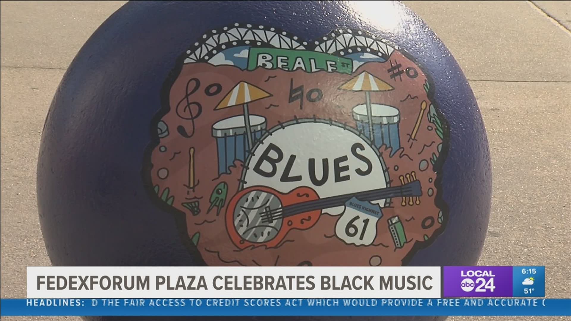 Twenty-four of the round concrete bollards that surround the FedExForum Plaza are painted in celebration of Black music in Memphis history.