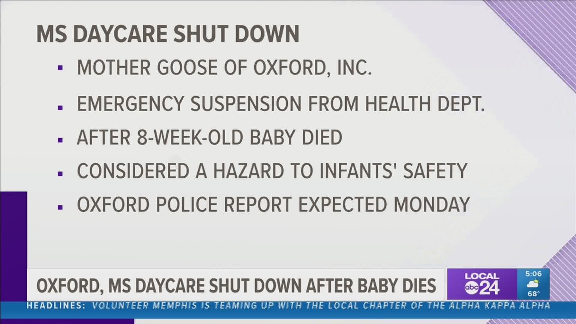 The Mississippi State Department of Health served an emergency suspension to "Mother Goose of Oxford."