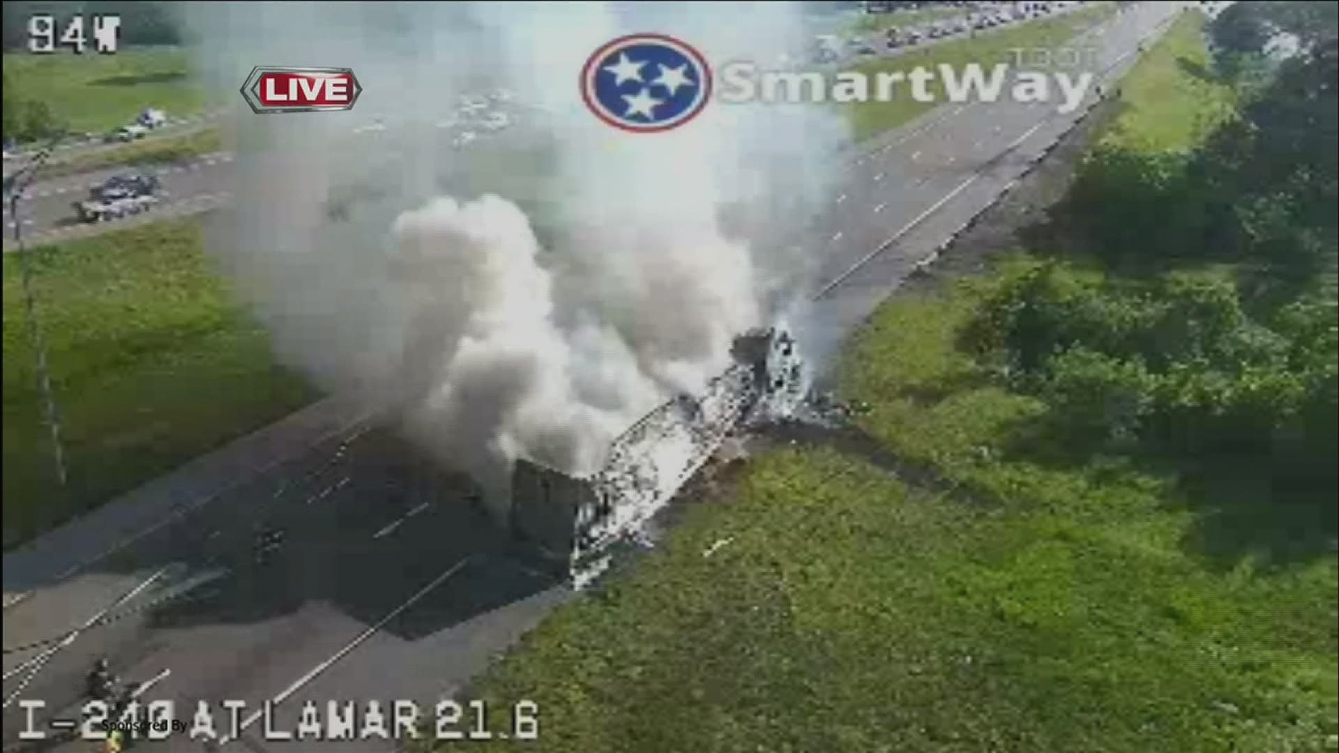 cargo fire from tractor trailer causes trafficback up at i-240 and lamar avenue