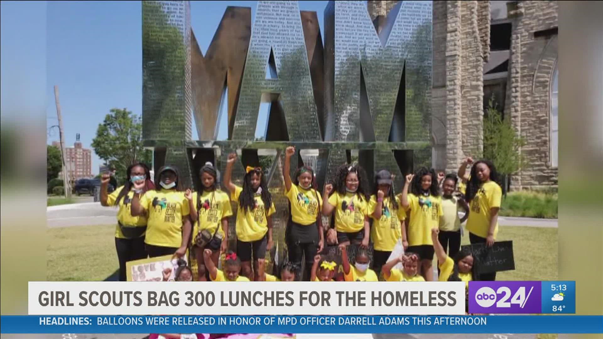 Girl Scout Troop 13137 will be passing out 300 sack lunches to the homeless on streets throughout downtown Memphis.