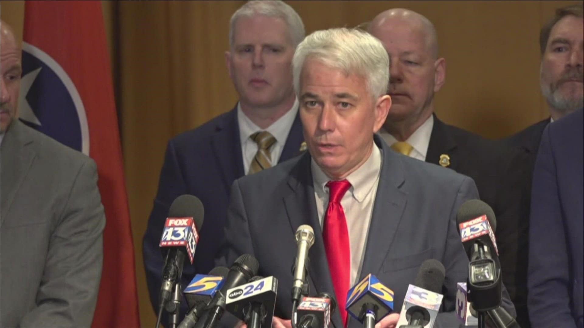 Shelby County District Attorney Steve Mulroy and TBI Director David Rausch spoke to the media after charges were filed against five Memphis Police officers.