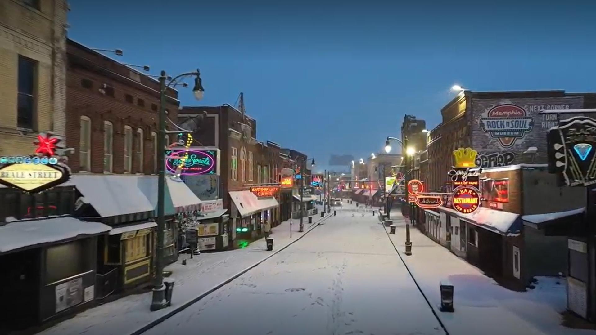 From above Memphis covered in snow during the 2025 winter storm