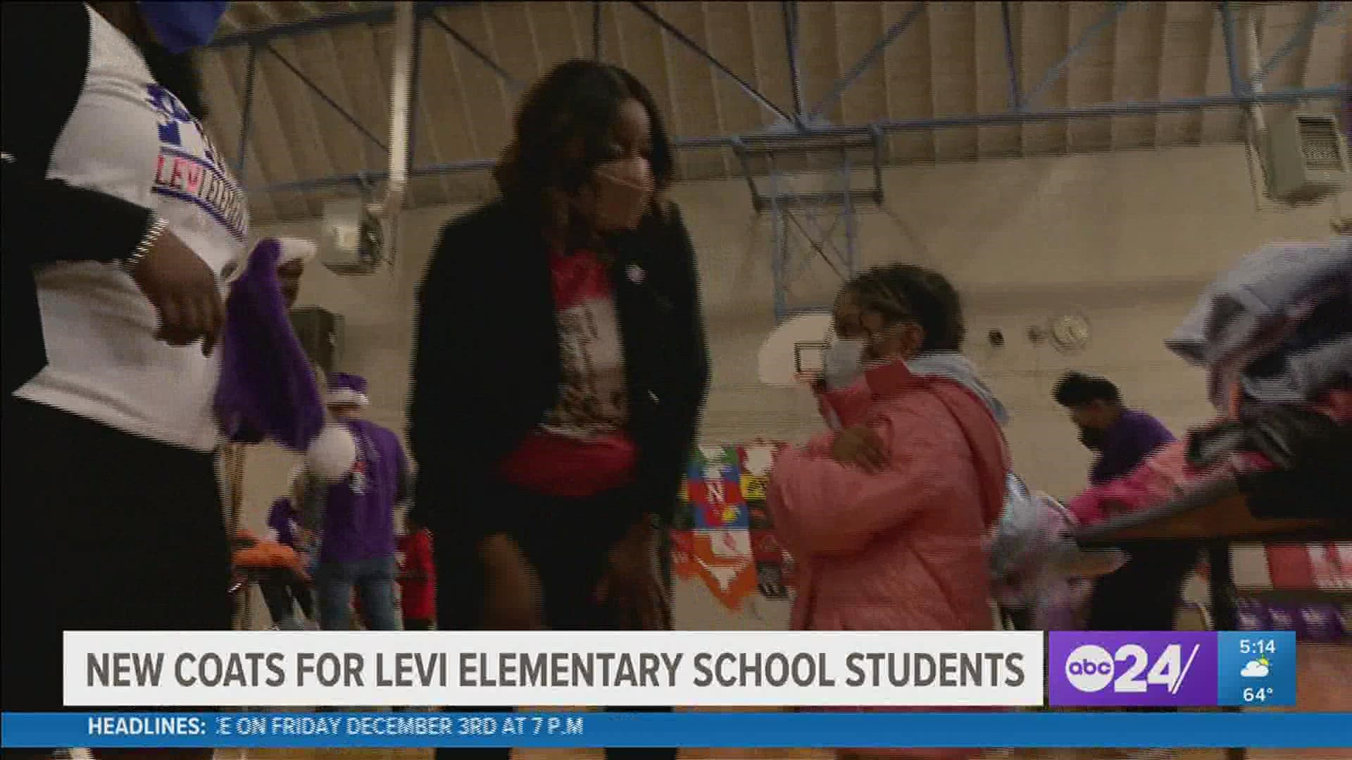 FedEx distributed 500 brand new coats to students at Levi Elementary School Wednesday. They also passed out food items donated from Blessings in a Backpack.