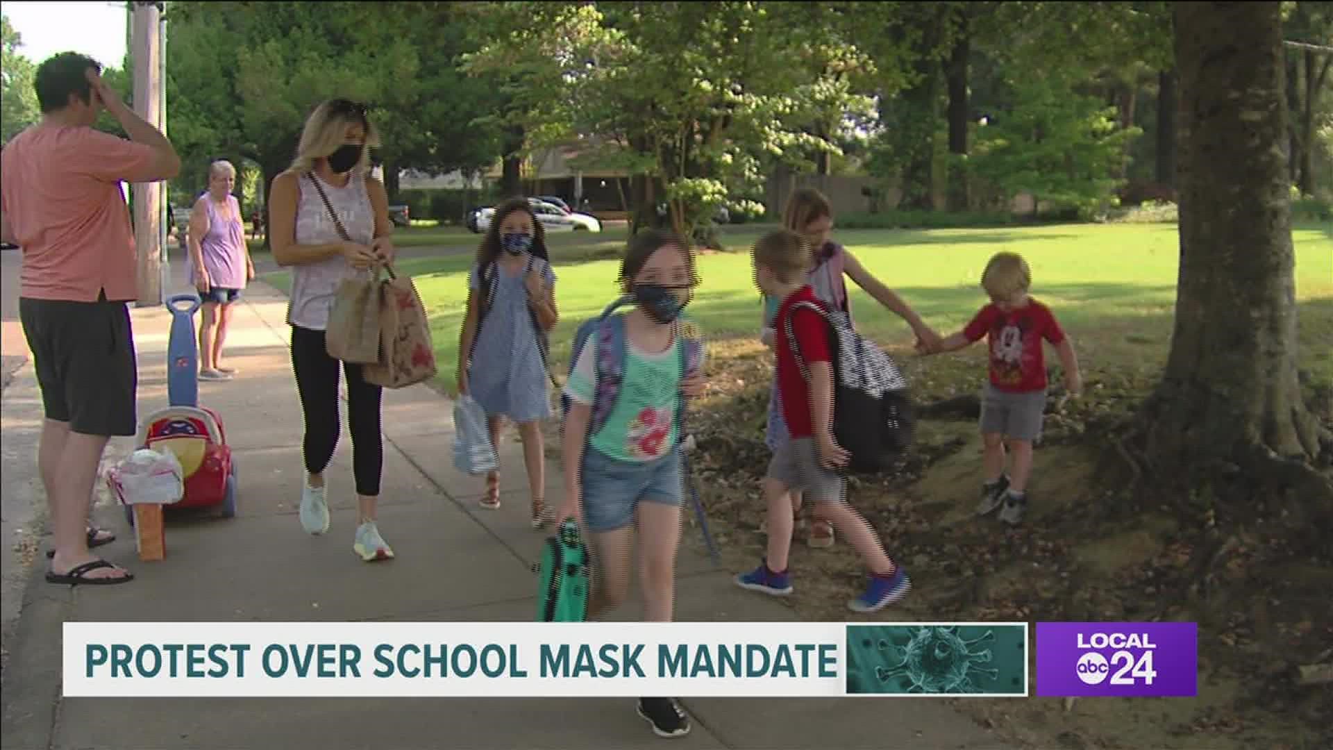 Parents upset about mask mandate protested at Collierville Schools administration offices.