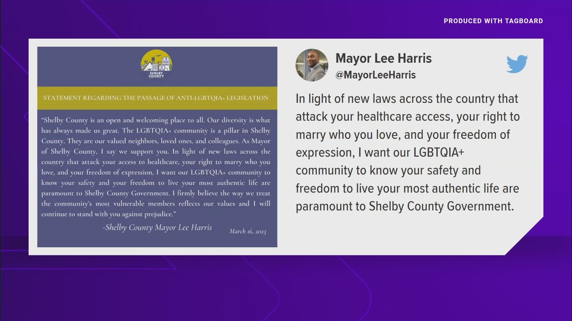 In a post to social media, Harris said he said the safety and freedom of LGBTQIA+ community in Shelby County is “paramount.”