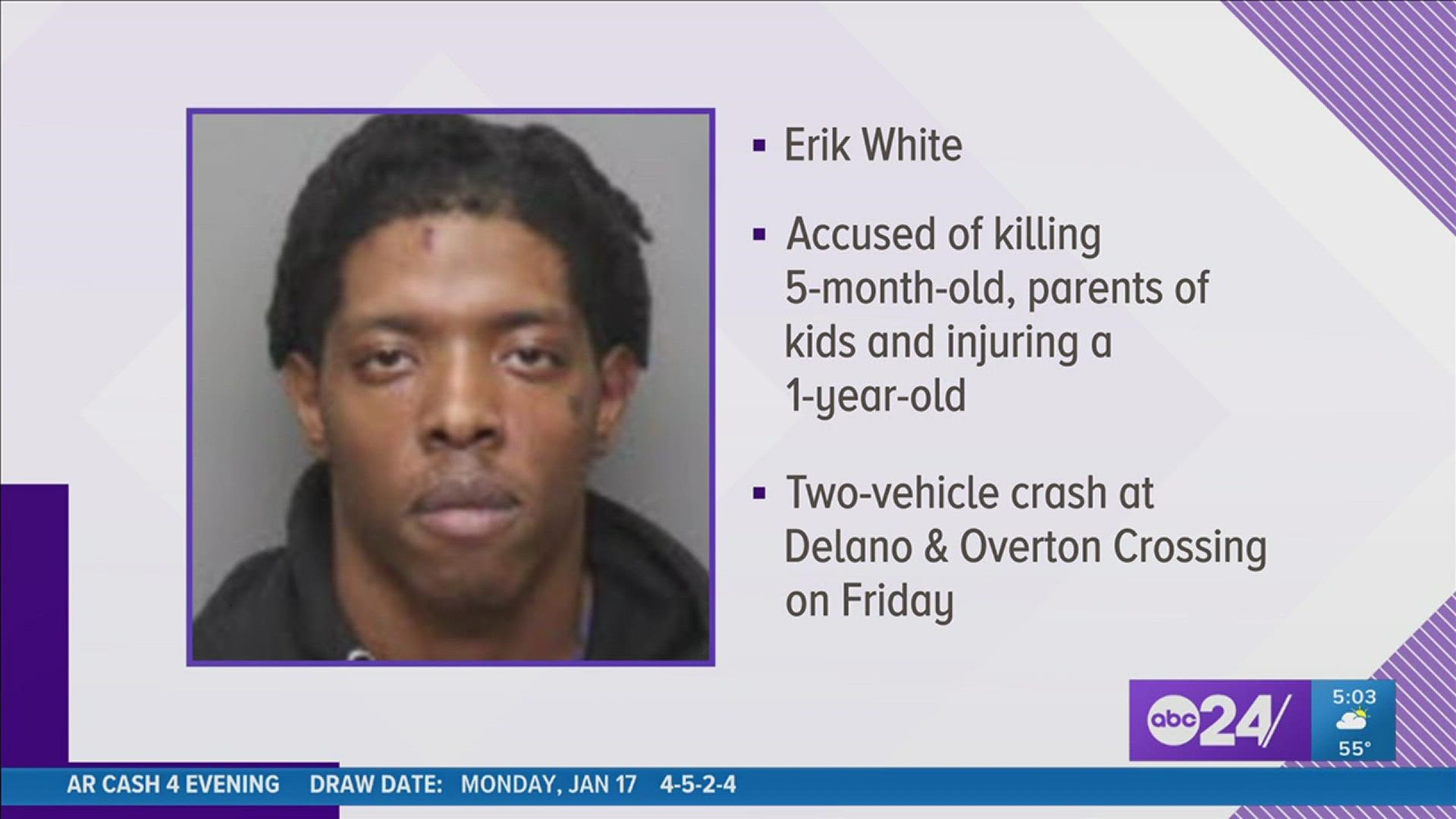 Erik White is wanted in the crash late Friday night at the intersection of Overton Crossing Street and Delano Avenue that killed 3, including a 5-month-old.