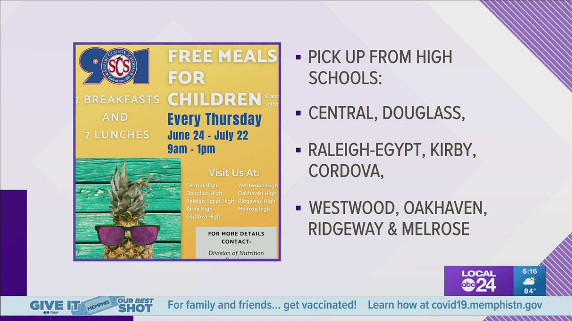 Meal pickup is every Thursday from 9am to 1pm until July 22nd.