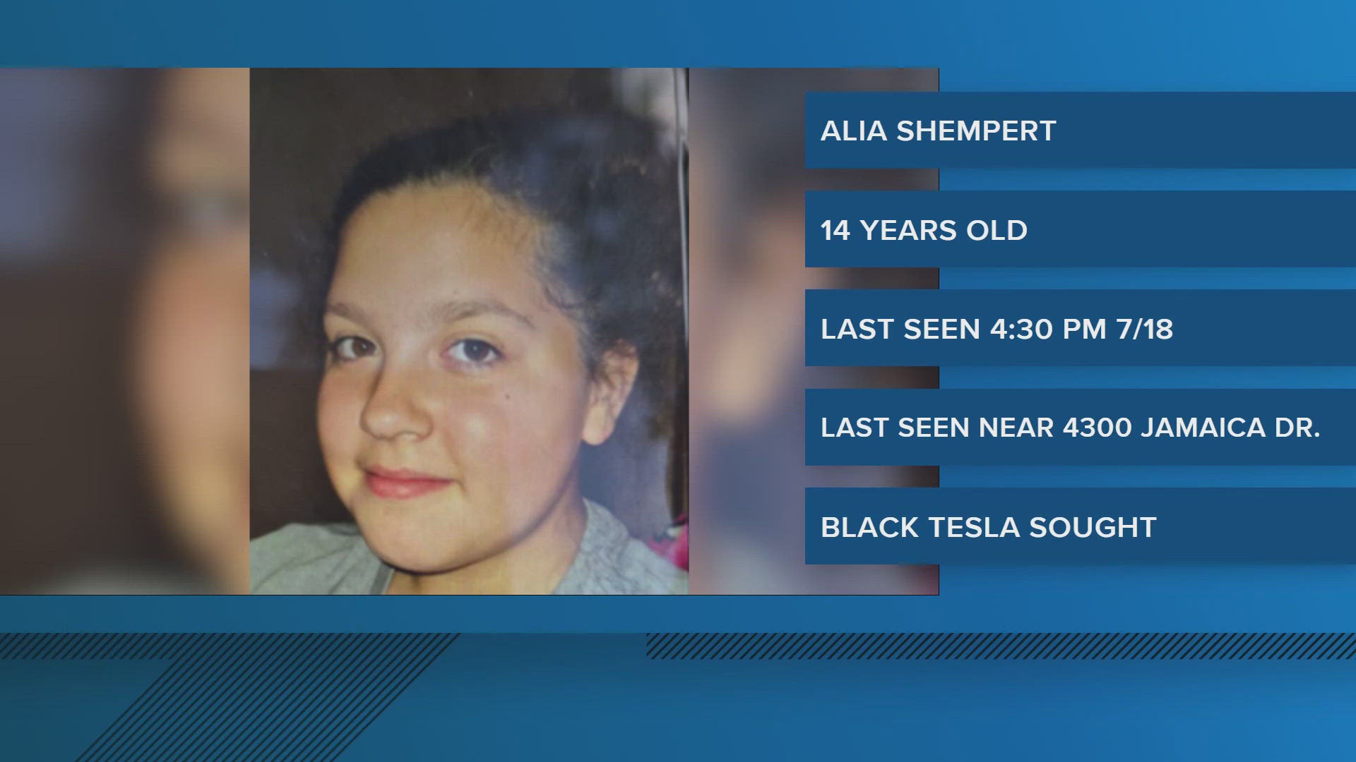Alia Shempert was last seen entering a black Tesla in the 4300 block of Jamaica Drive. Her mom advised MPD that she believes her daughter has been kidnapped.