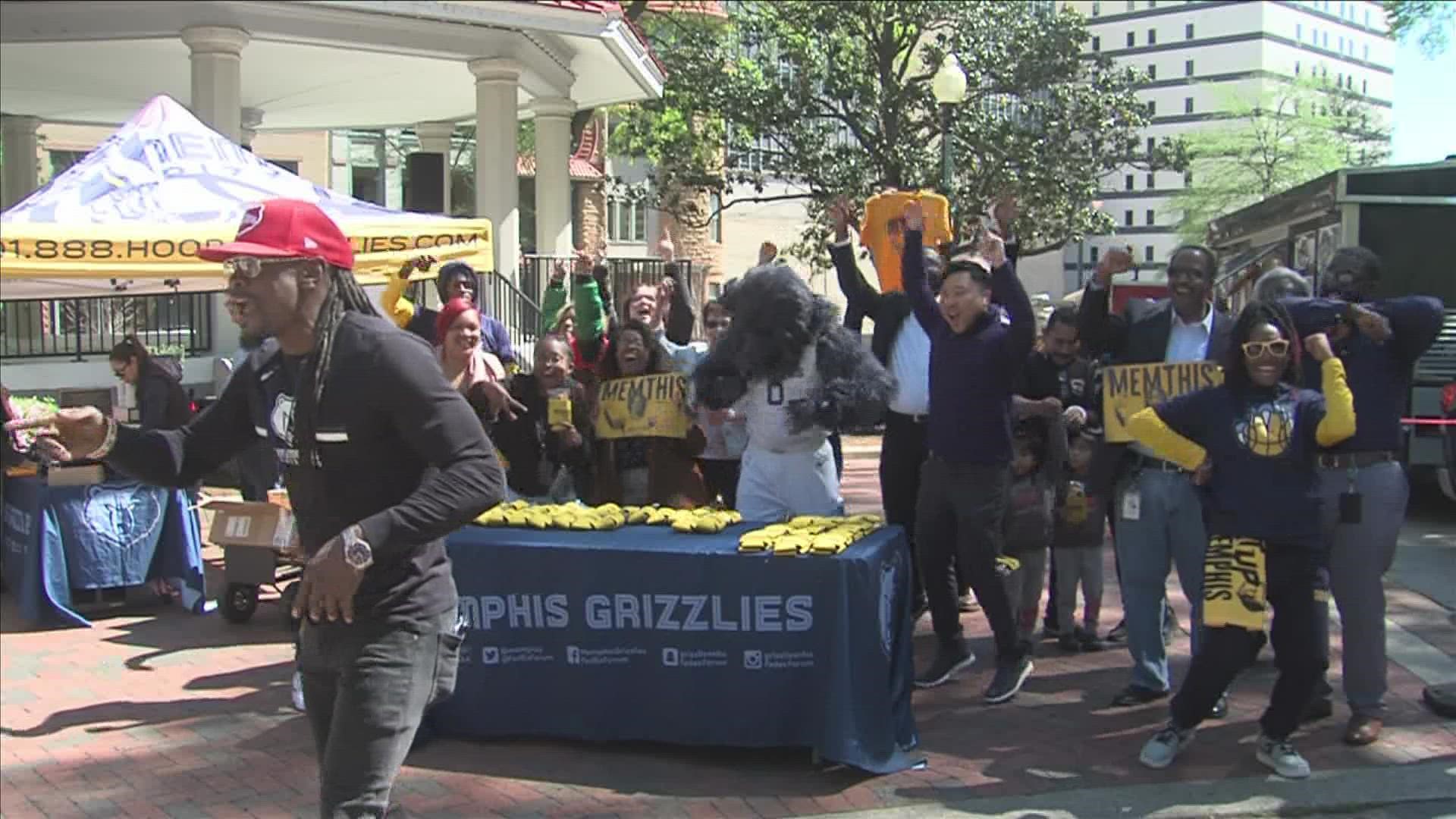 The Grizzlies hosted several playoff swag giveaways across Memphis on Thursday hoping to gear fans up for the playoffs.