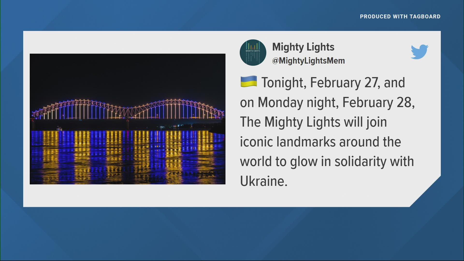 Mighty Lights Memphis, who operates the lights on the bridge, said Sunday they are joining landmarks around the world in solidarity with Ukraine.